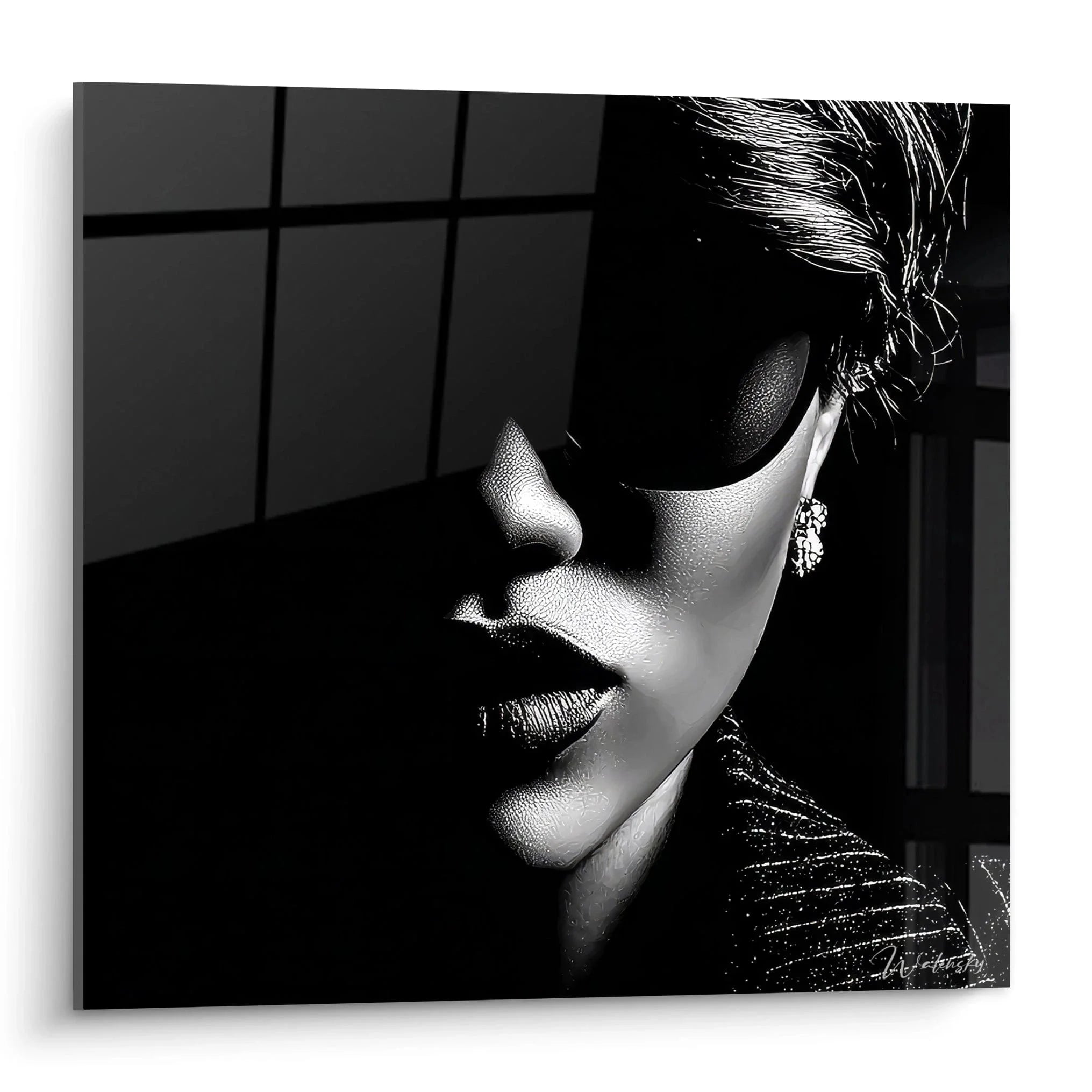 Elegantes Wandbild einer Frau mit Sonnenbrille im Film Noir Stil, schwarz-weiß Fotografie