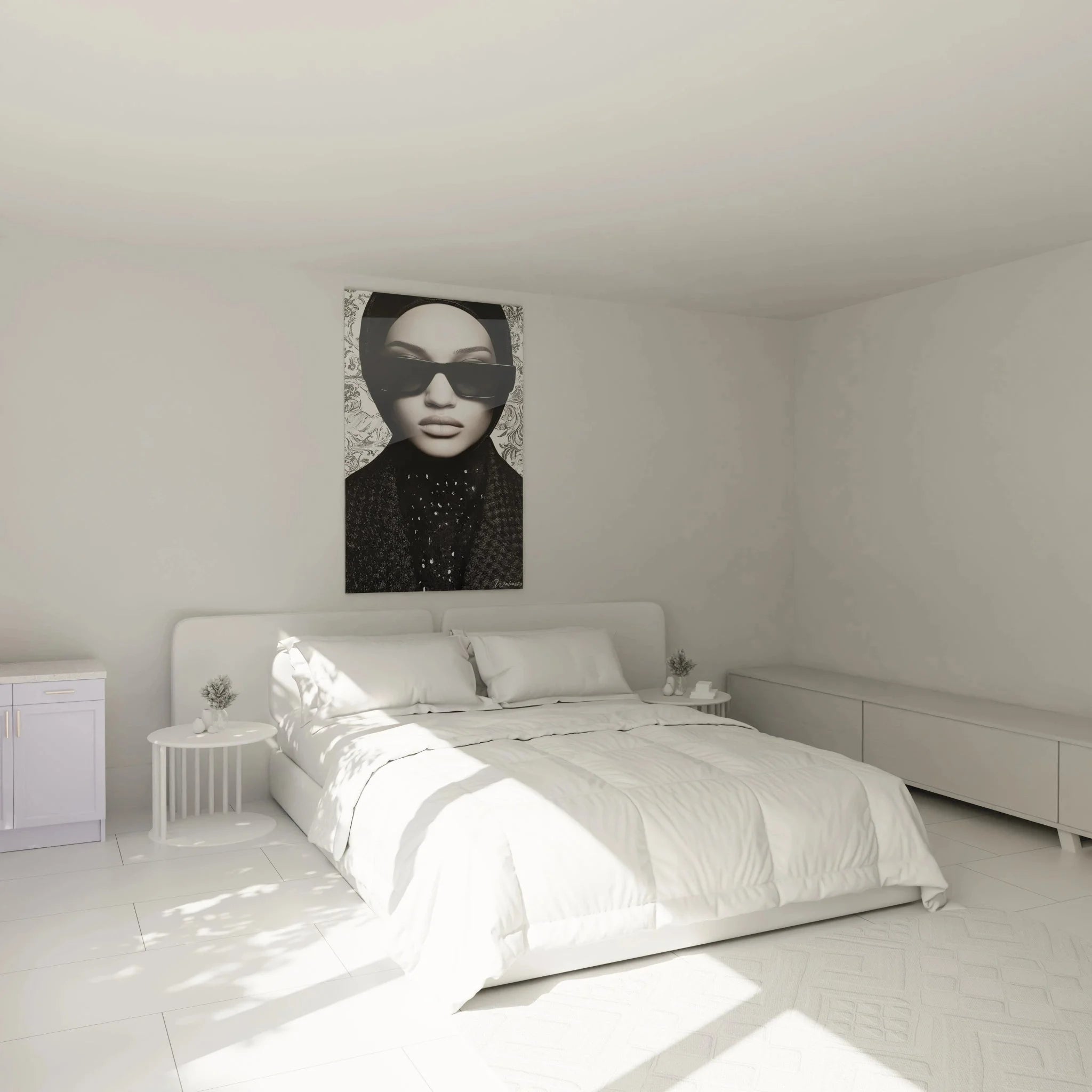 Elegantes Wandbild Frau Sonnenbrille in Schlafzimmer Ambiente, schwarz-weiß Mode Dekoration