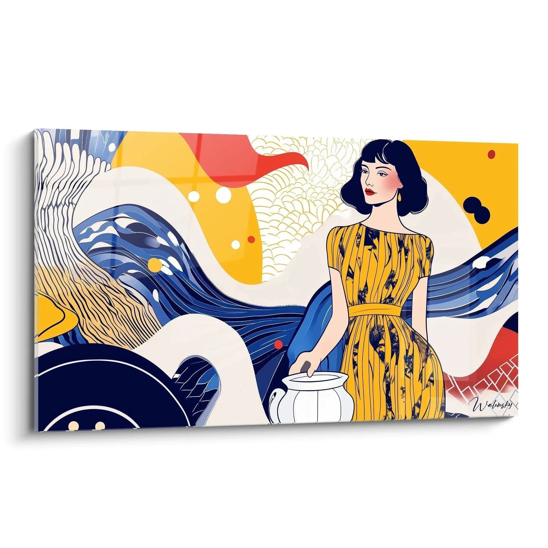 Wandbild Frau mit Wasserkrug in gelbem Kleid, Johannes Vermeer Edition mit blauen Wellen