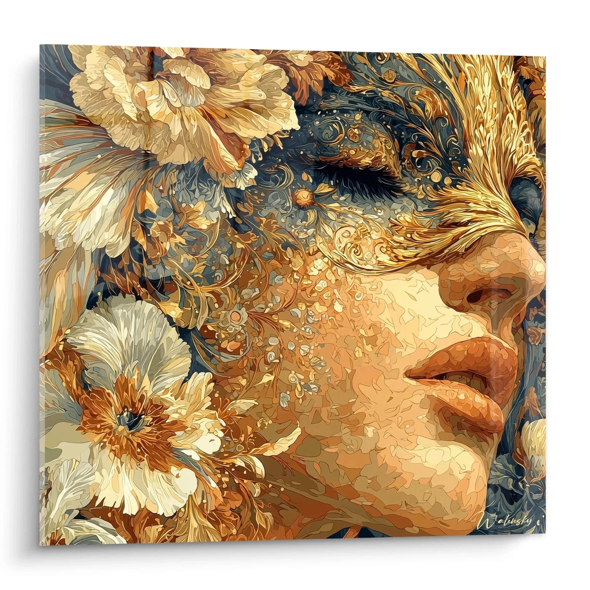 Gotisches Wandbild Frauenporträt mit goldenen Blüten und Ornamenten - Edition Gotik Wanddekoration