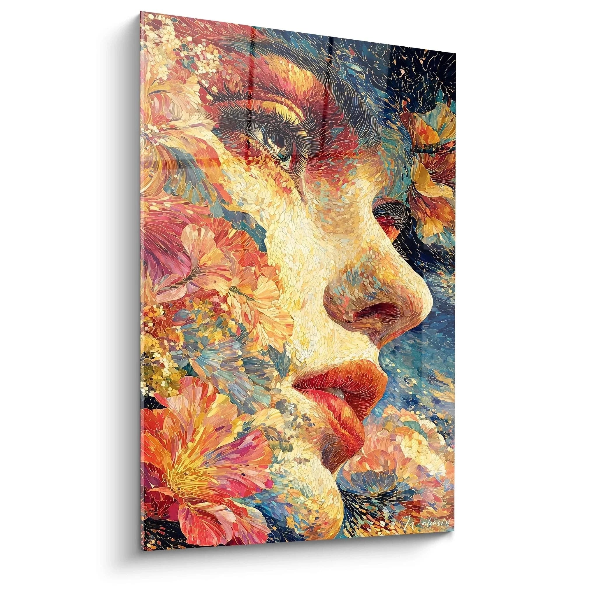 Wandbild Frauenporträt Pointillismus mit Blütenmotiven in warmen Farbtönen - Edition Pointillismus Wandkunst