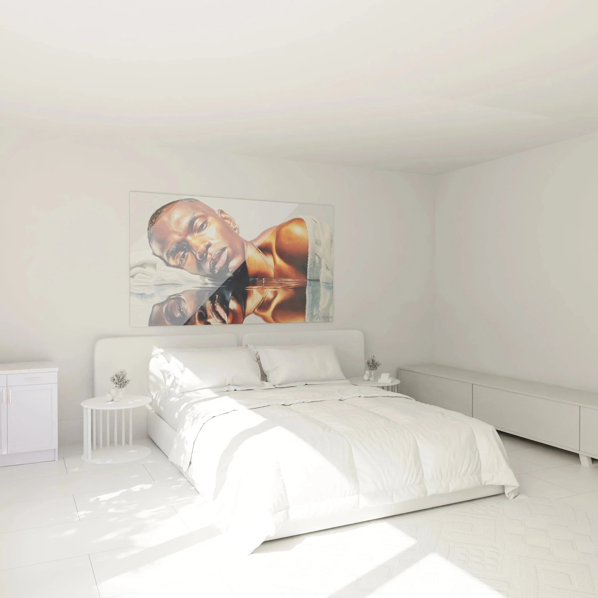 Wandbild Frauenporträt hyperrealistisch in modernem Schlafzimmer, elegante Raumgestaltung mit Kunstwerk