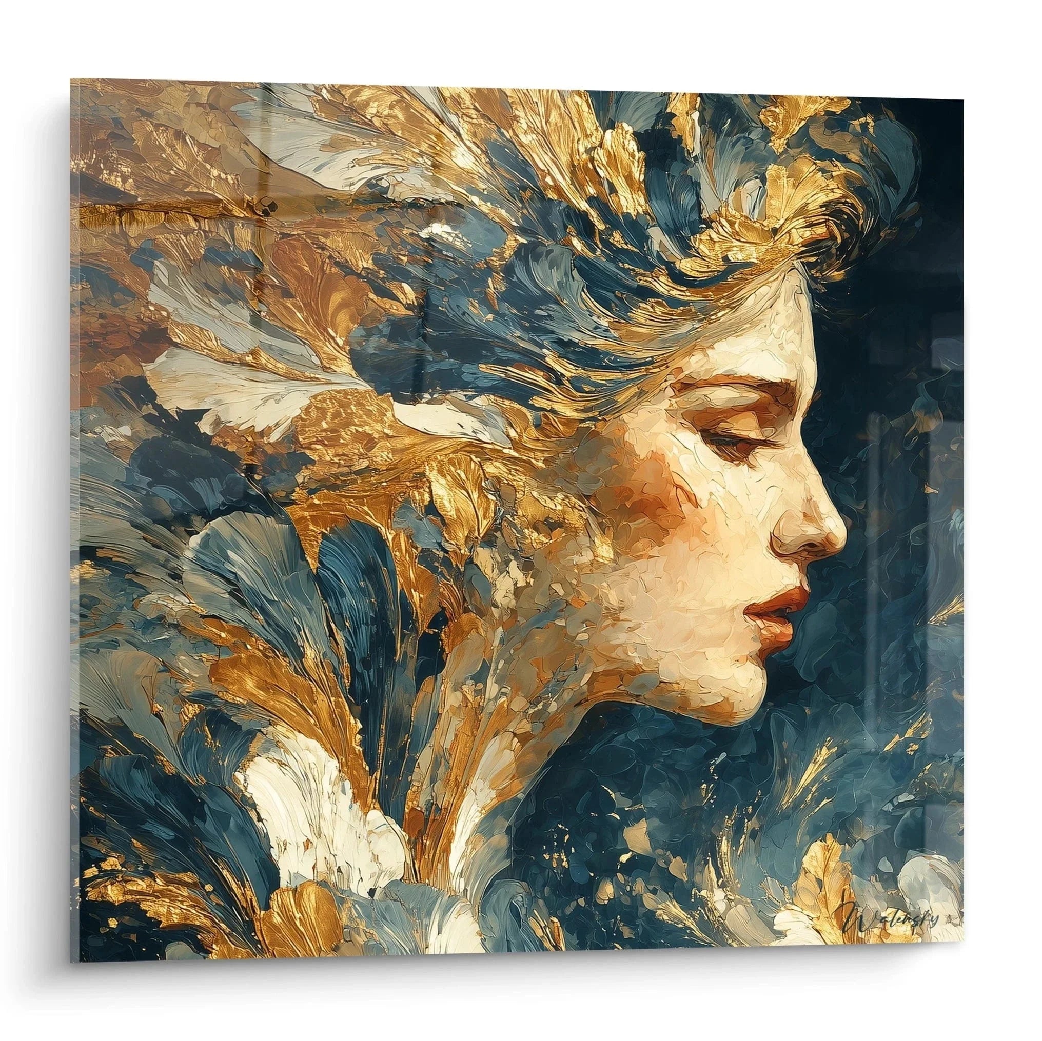 Wandbild Frauenportrait Barock mit goldenen Akzenten und blauen Farbtönen für luxuriöse Wanddekoration