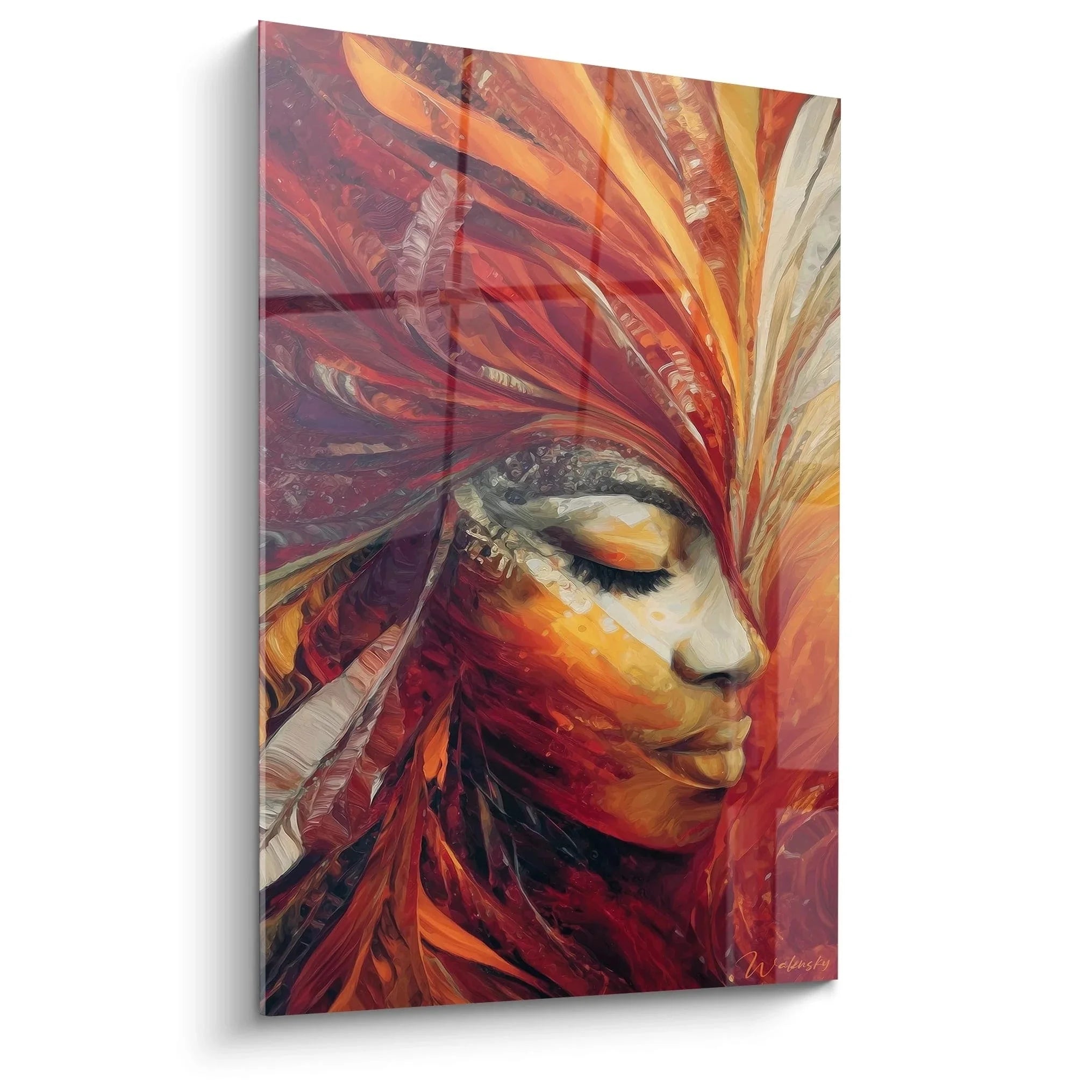 Wandbild Frauenportrait mit Federkrone in Rottönen - Afrikanische Maske Kunstdruck für Wohnzimmer