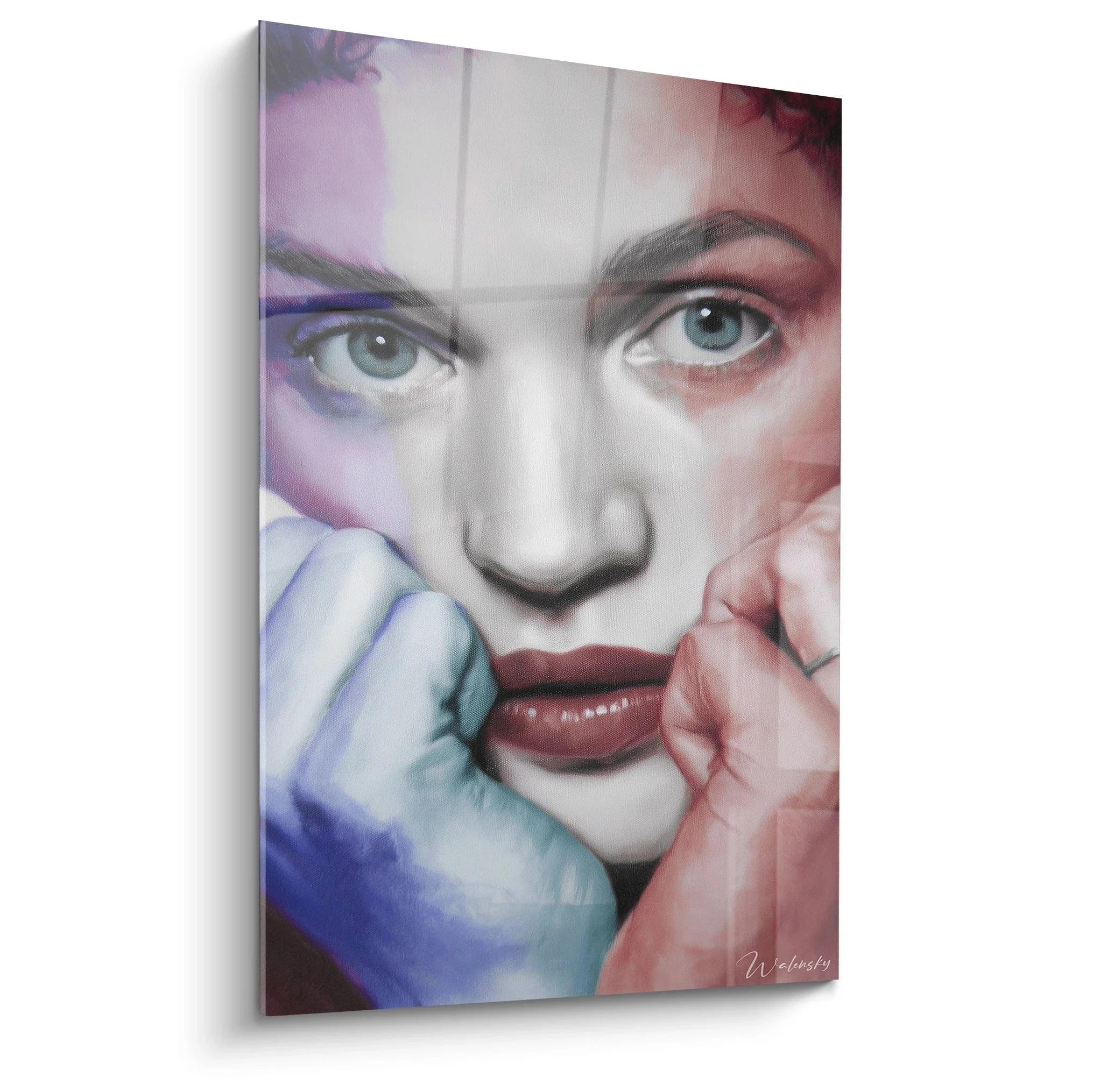 Hyperrealistisches Wandbild Frauenportrait mit blauen roten Händen Edition Hyperrealismus emotionale Kunst