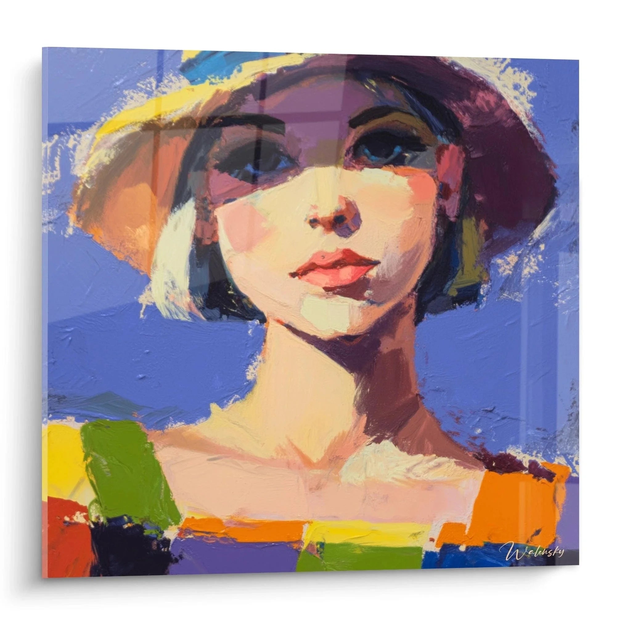 Wandbild Frauenportrait Impressionismus - Elegante Dame mit farbenfrohem Hut auf blauem Hintergrund