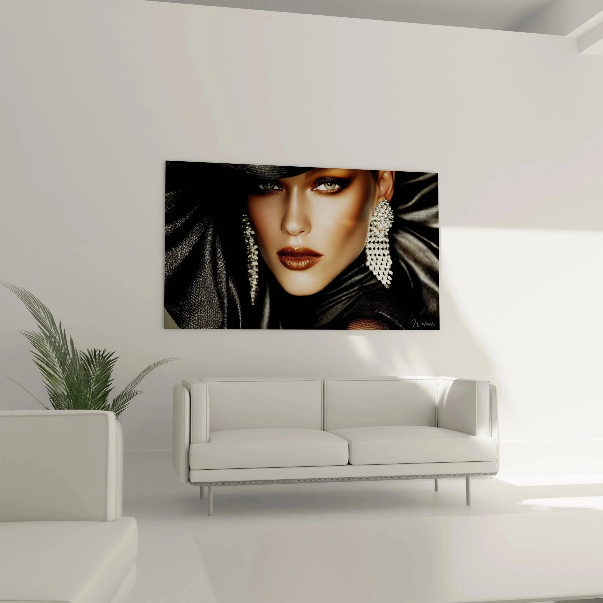 Detailaufnahme Wandbild Frauenportrait mit opulenten Perlenschmuck und perfektem Make-up