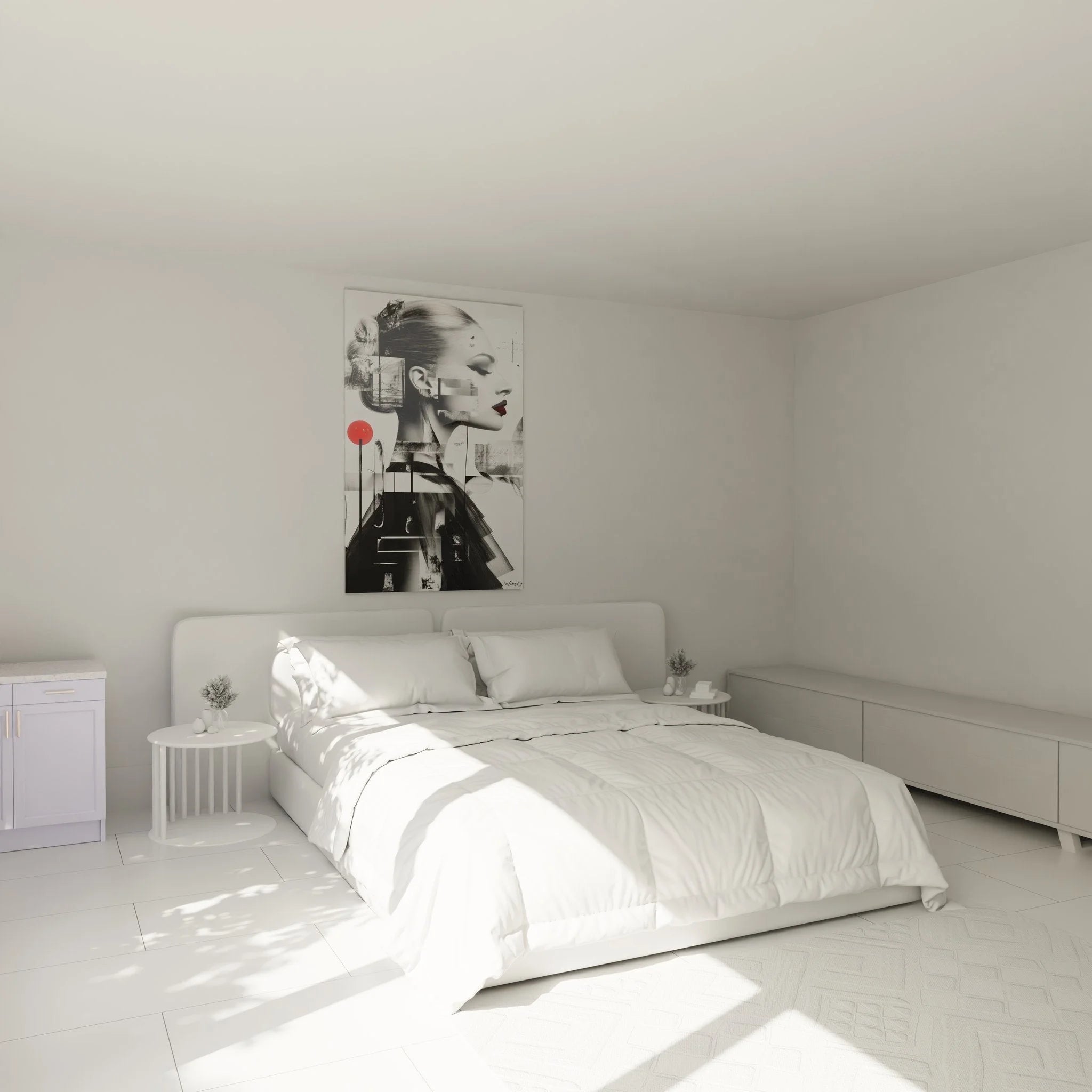 Wandbild Frauenportrait abstrakt in Schlafzimmer Ambiente schwarz-weiß Dekoration modern