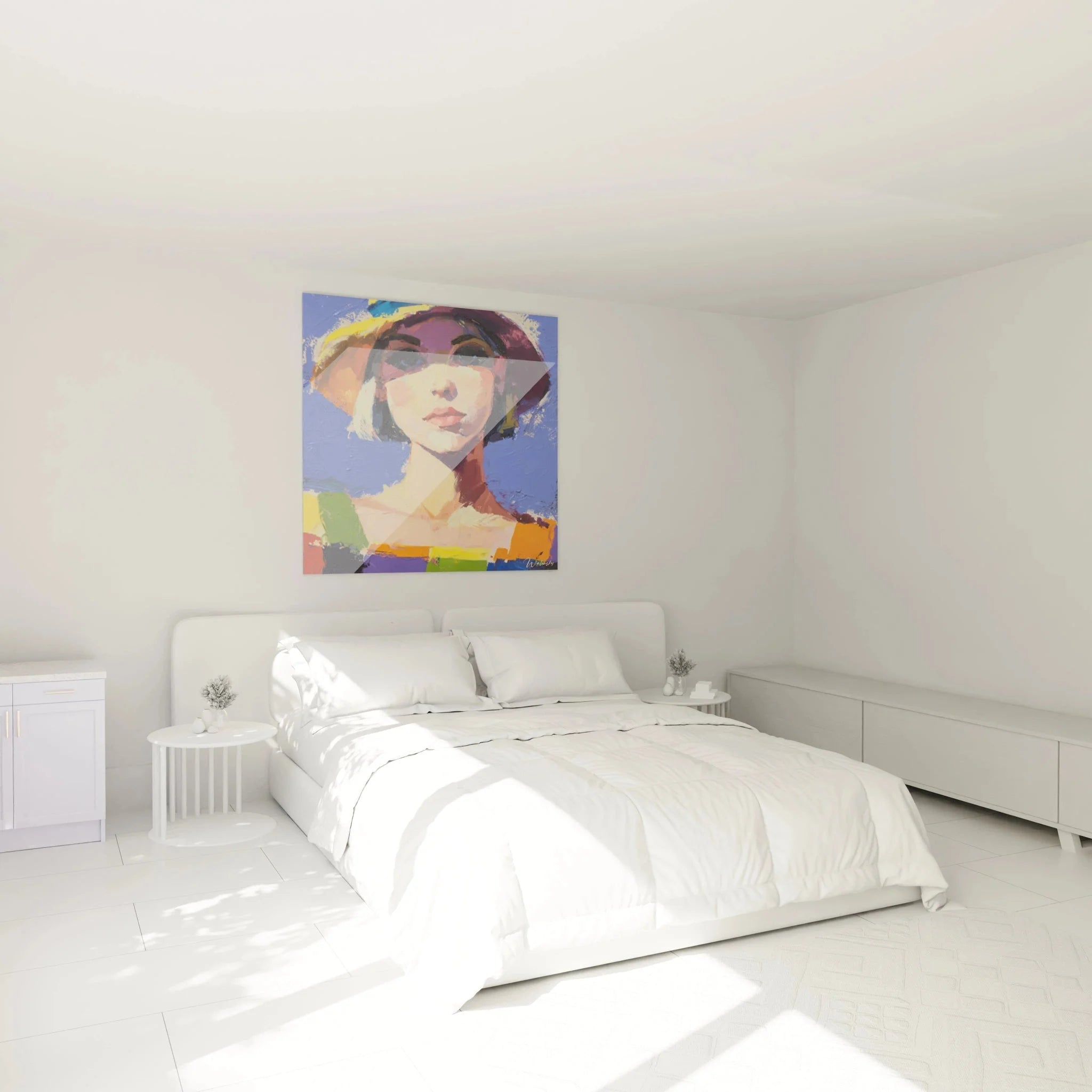 Wandbild Frauenportrait im Schlafzimmer - Impressionistische Dame mit Hut als moderne Wanddekoration