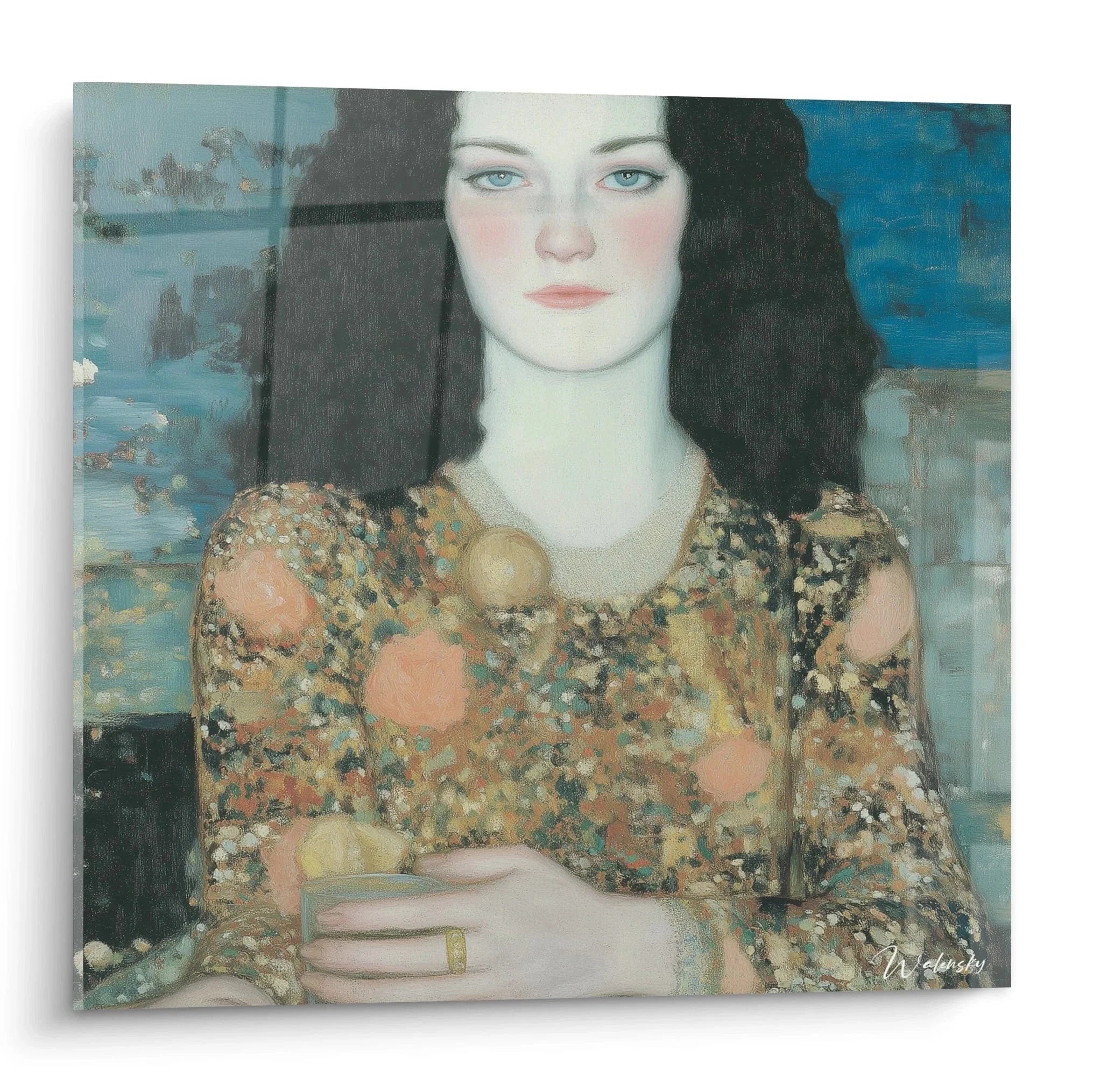 Wandbild Frauenportrait Symbolismus mit melancholischer Frau in ornamentalem Kleid und blauen Augen