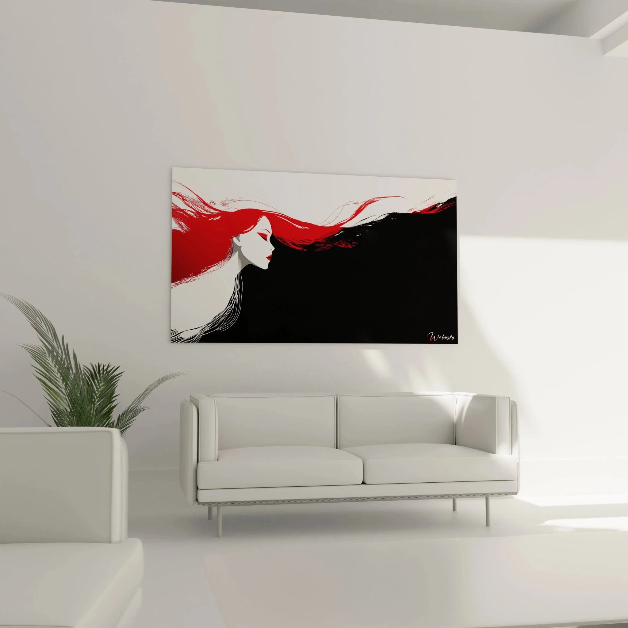 Nahaufnahme Wandbild Frauensilhouette mit rotem Haar, expressionistische Kunstdetails