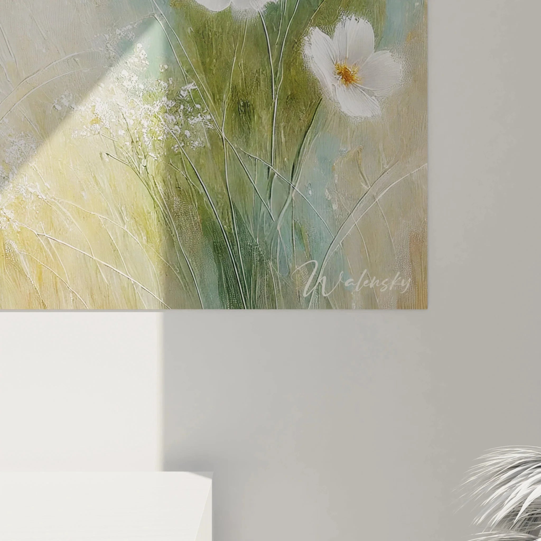 Gesamtansicht Wandbild Frühlingswiese mit weißen Blumen, romantische Natur Wanddekoration