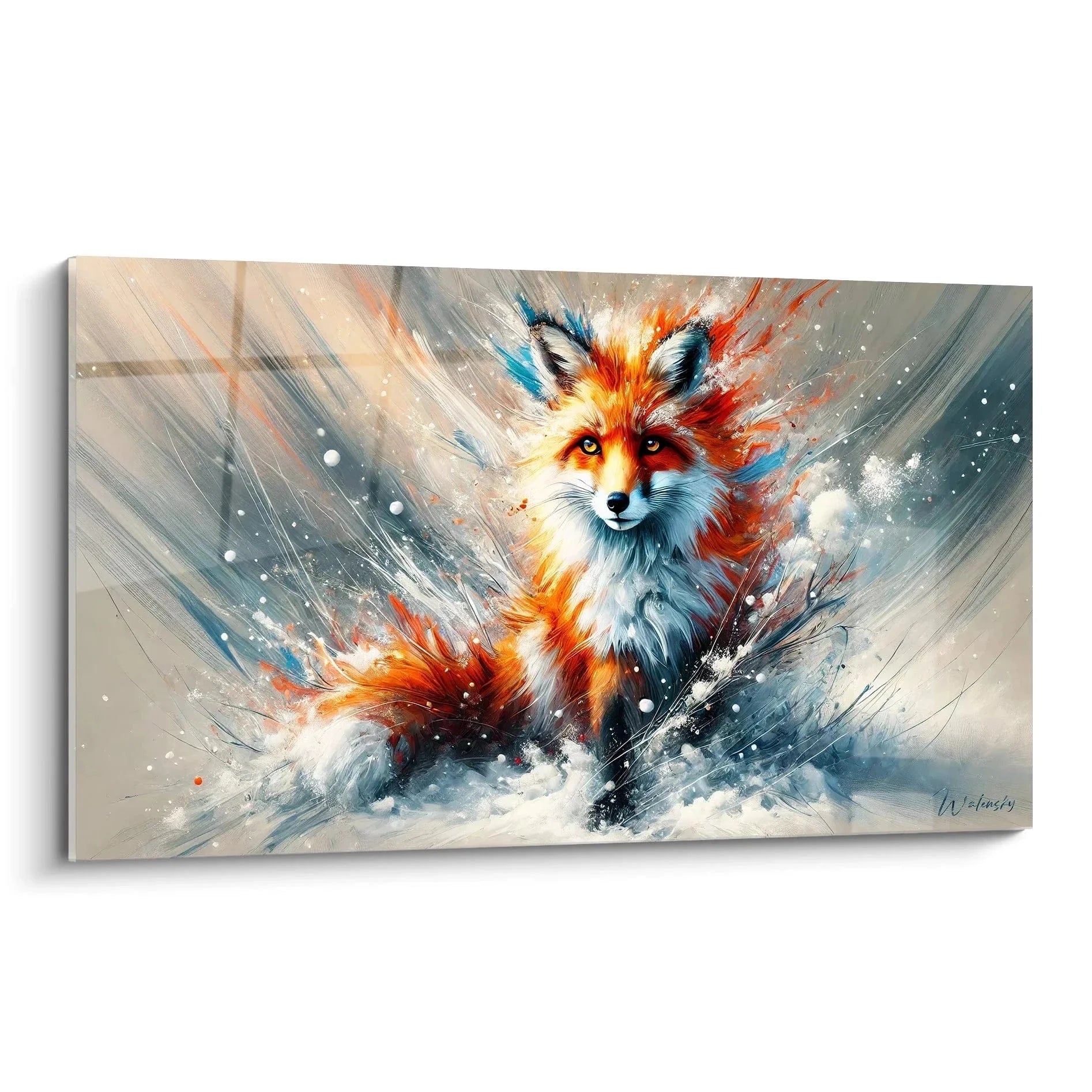 Wandbild Fuchs abstrakt mit Farbexplosion in Rot Orange Blau auf Leinwand XXL Format Edition Fuchs