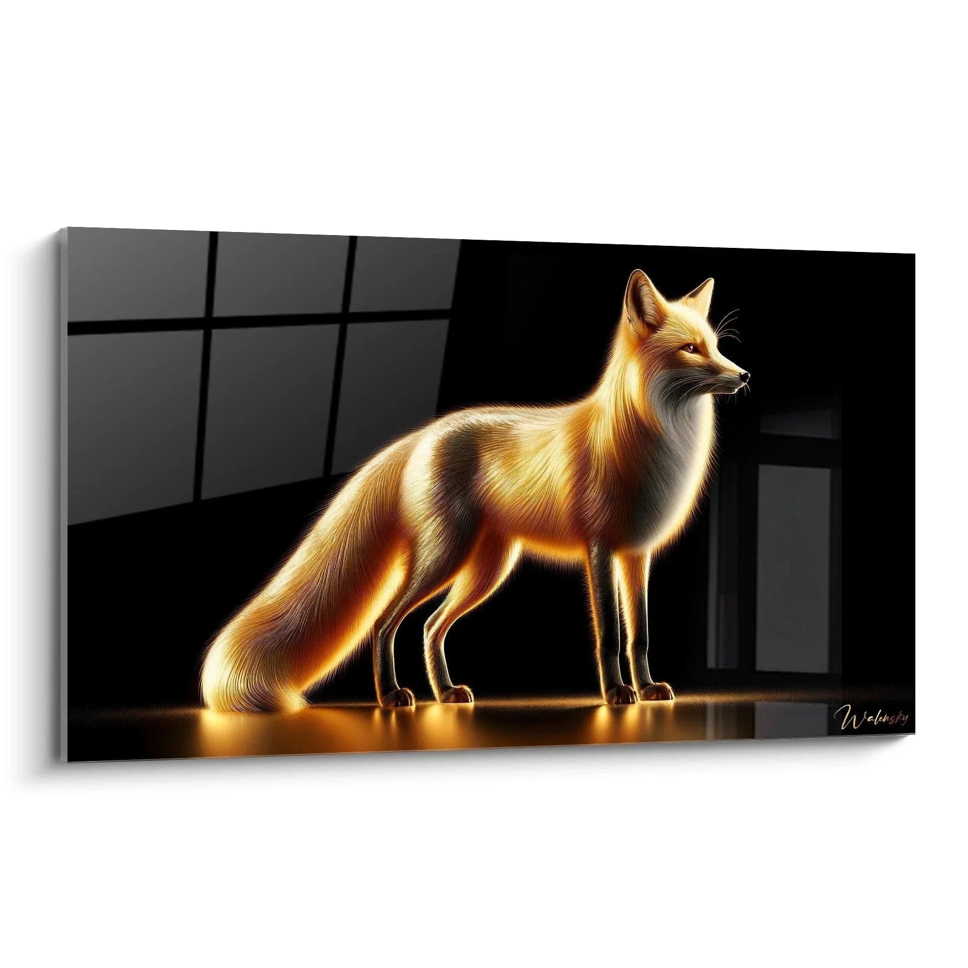 Wandbild goldener Fuchs mit Lichteffekten in modernem Raum - Edition Fuchs Wanddekoration