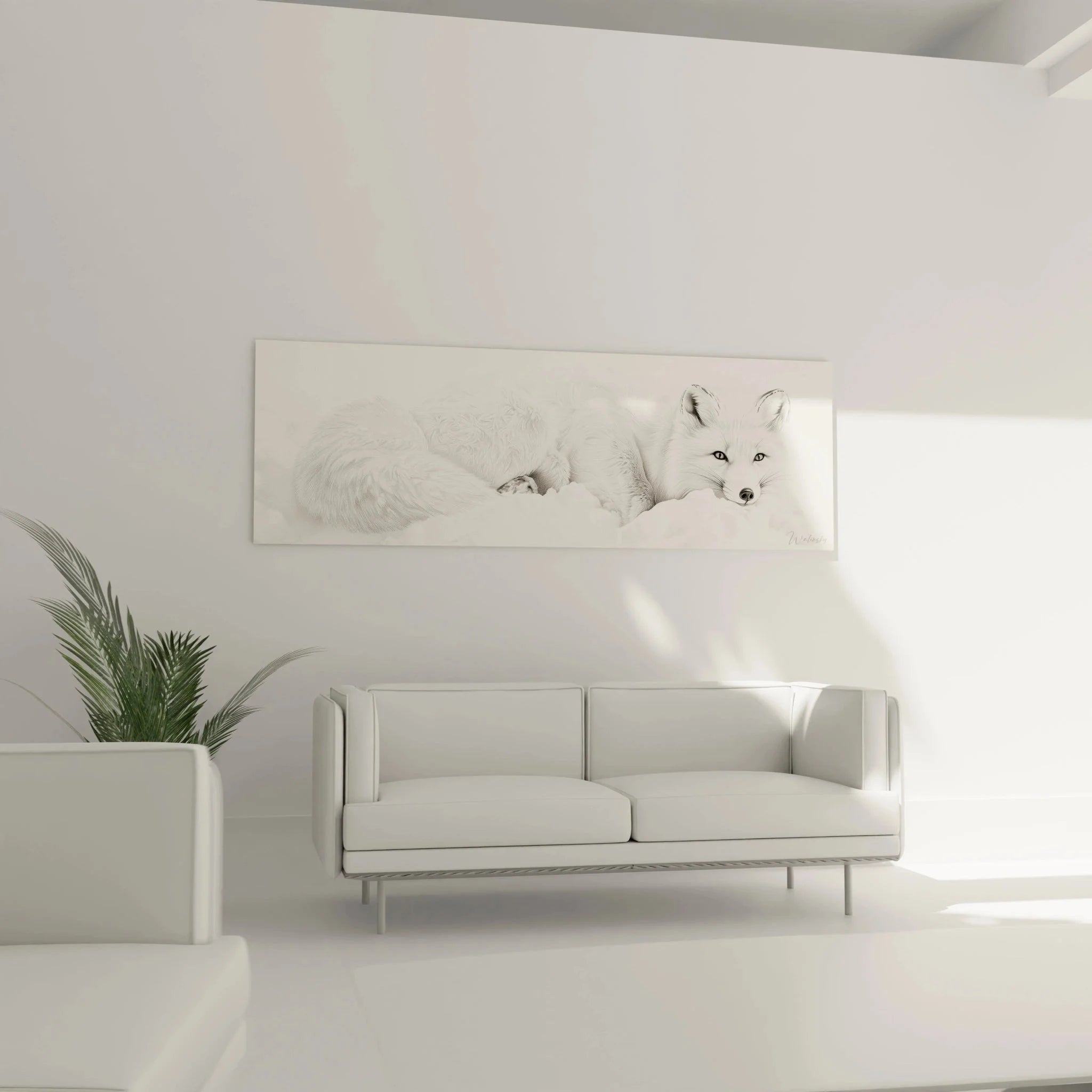 Nahaufnahme Fuchs Wandbild Detail, präzise Bleistiftzeichnung Polarfuchs Gesicht