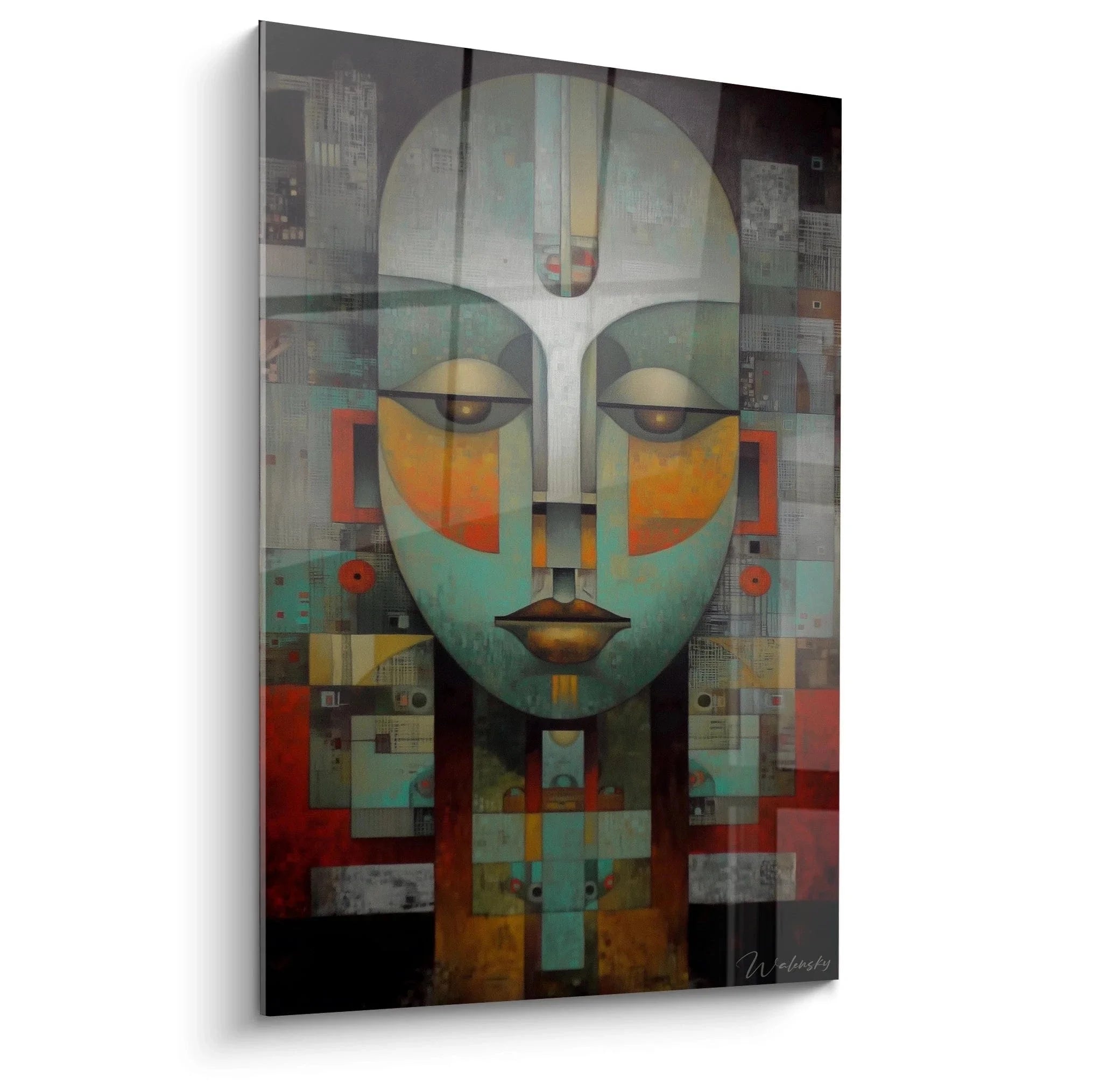 Wandbild futuristische afrikanische Maske mit geometrischen Mustern in Grün Orange digitale Kunst moderne Wanddekoration