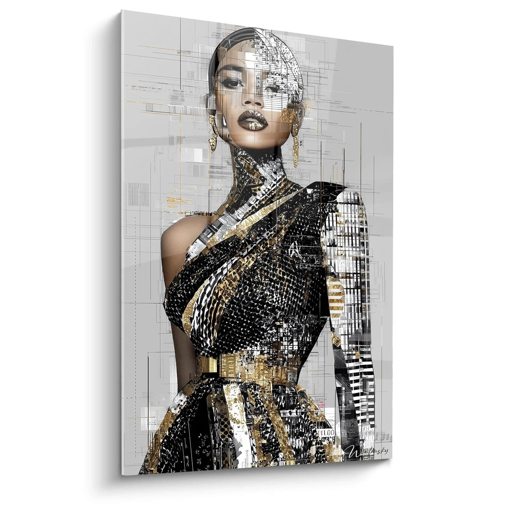 Wandbild futuristische Frau mit digitaler Collage-Technik, schwarz-weiß-gold, Haute Couture Design