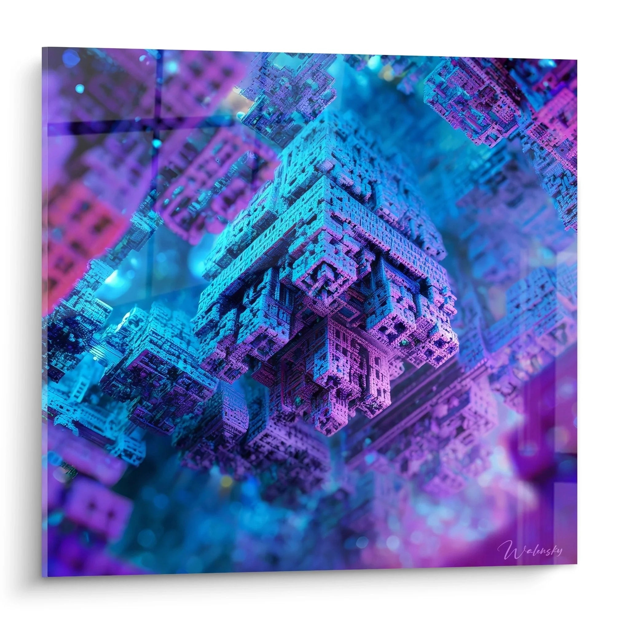 Wandbild futuristische Kristallwelten in leuchtenden Neon-Blau und Violett Tönen - Cyber Art