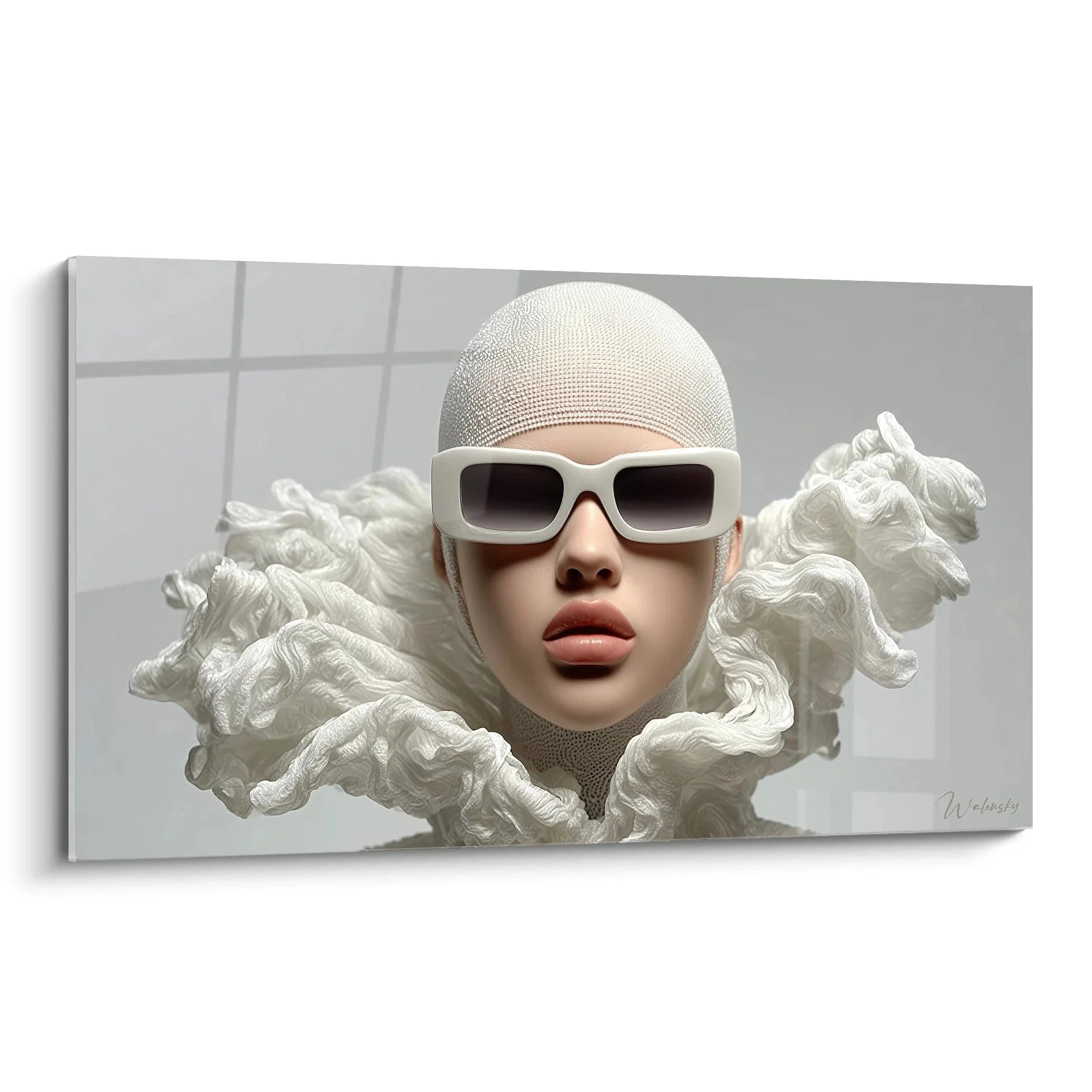 Wandbild futuristische Mode mit weißer Designer Sonnenbrille und skulpturalen Elementen