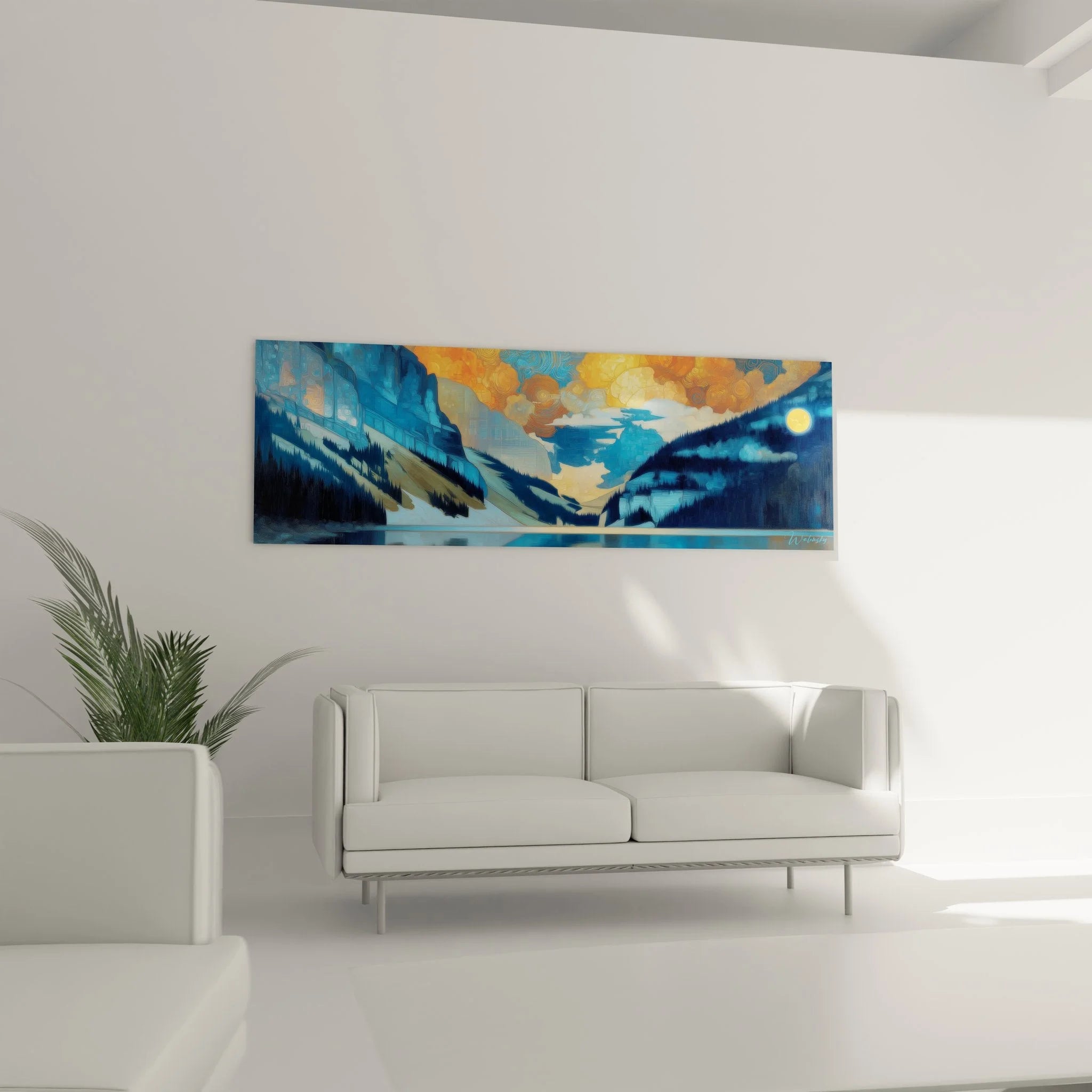 Detailansicht Wandbild Gebirgssee, dramatische Wolkenformationen und Bergspiegelung im Wasser