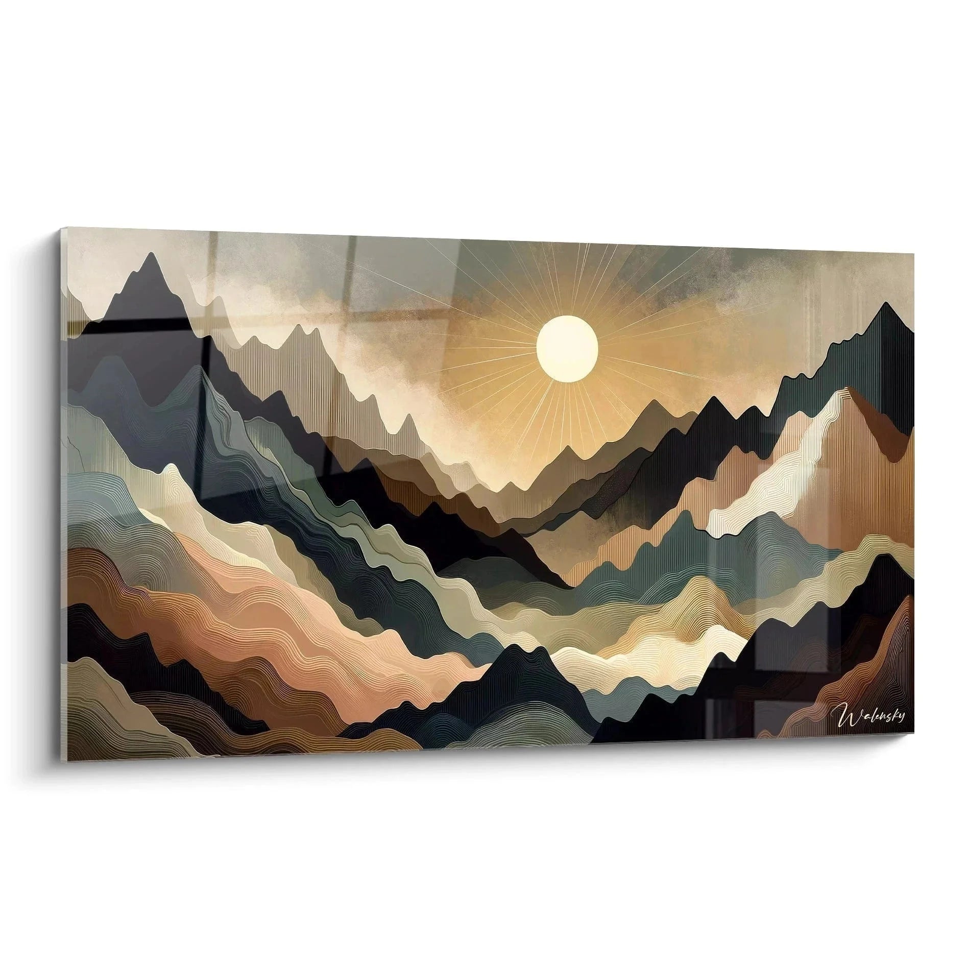 Wandbild abstrakte Gebirgssonne mit goldenem Horizont und geschichteten Bergen in warmen Erdtönen