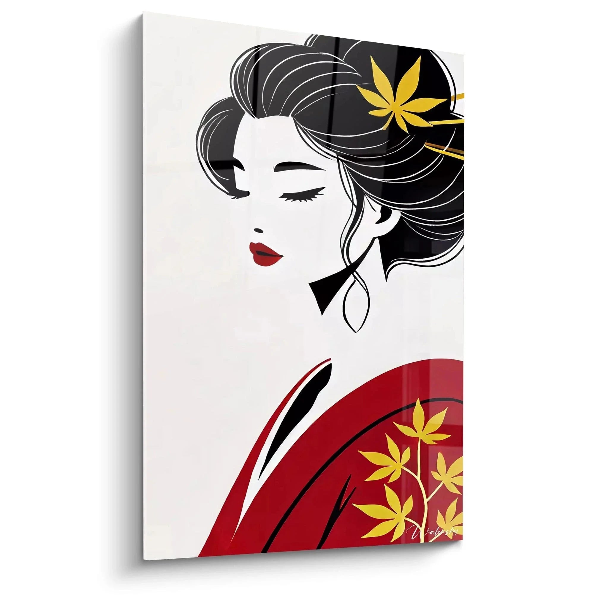 Elegantes Wandbild Geisha mit rotem Kimono und goldenen Blüten - Edition Chinesisch asiatische Wanddekoration