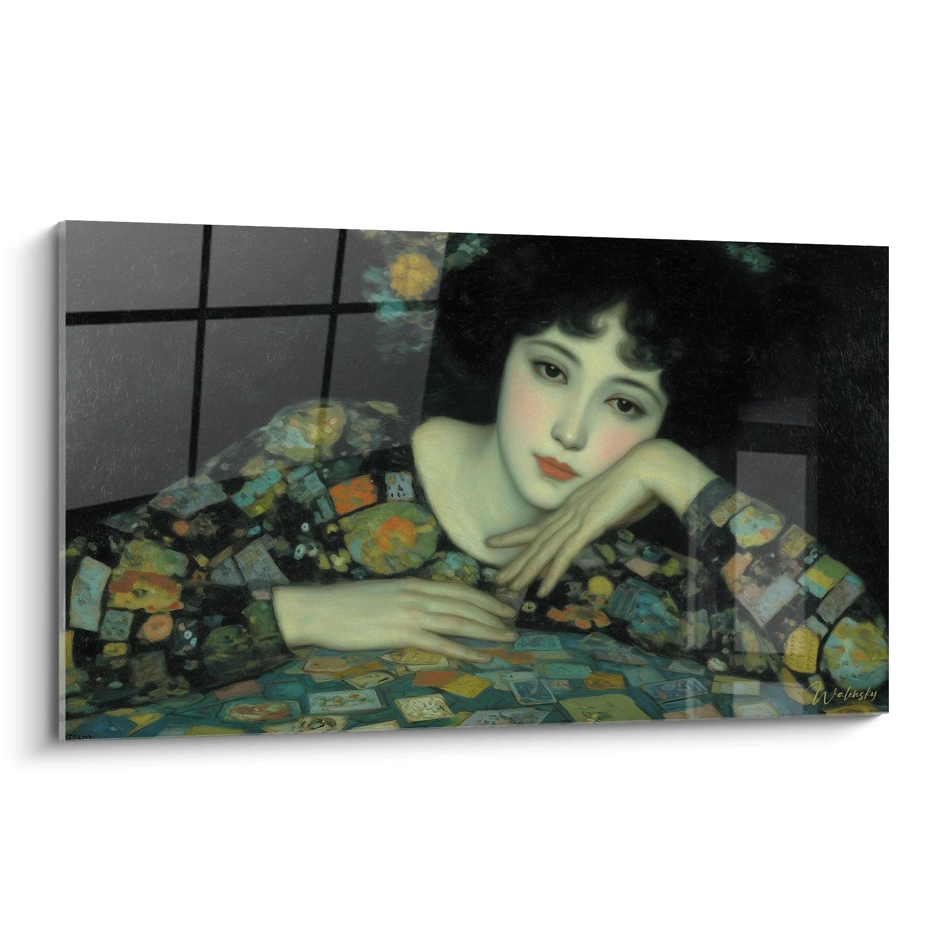 Wandbild Geisha mit Hanafuda-Karten in traditionellem Kimono - Symbolismus Edition für stilvolle Wanddekoration