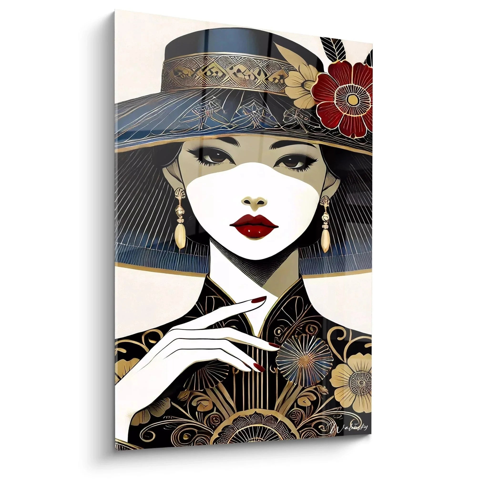 Wandbild Geisha mit traditionellem Hut und roter Blüte - asiatische Wandkunst Edition Chinesisch