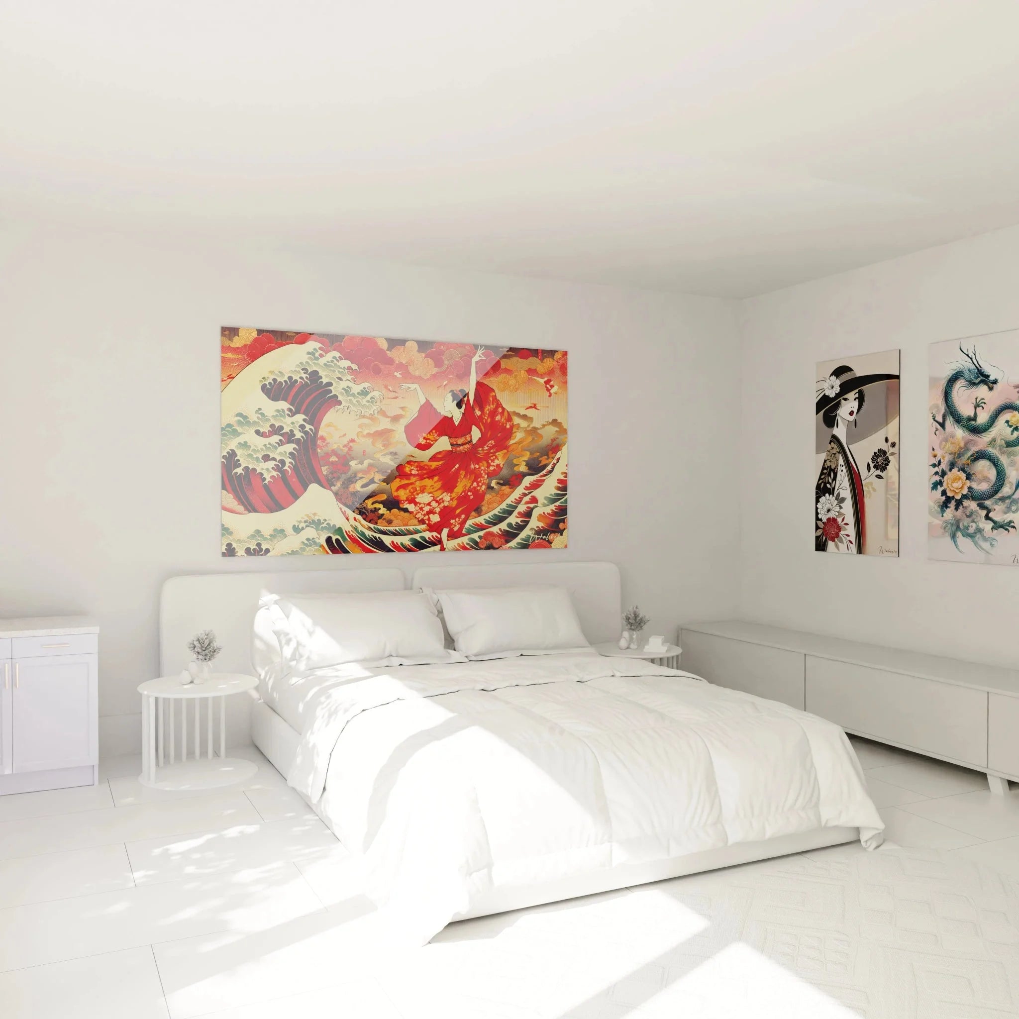 Detailansicht Wandbild Geisha Kimono mit goldenen Motiven in japanischen Wellen - Nahaufnahme