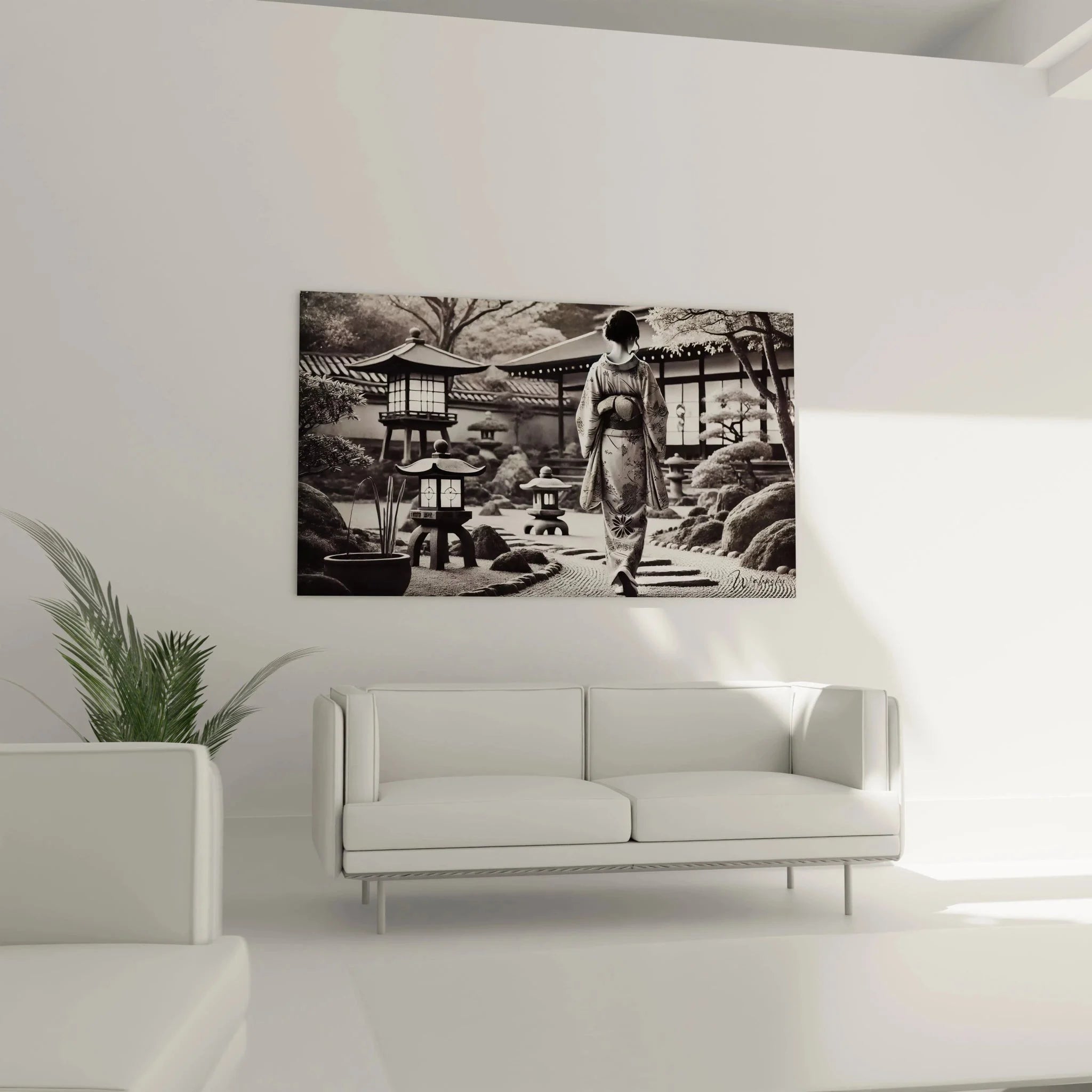 Detailansicht Wandbild Geisha Kimono - schwarz-weiß Nahaufnahme der traditionellen japanischen Kleidung