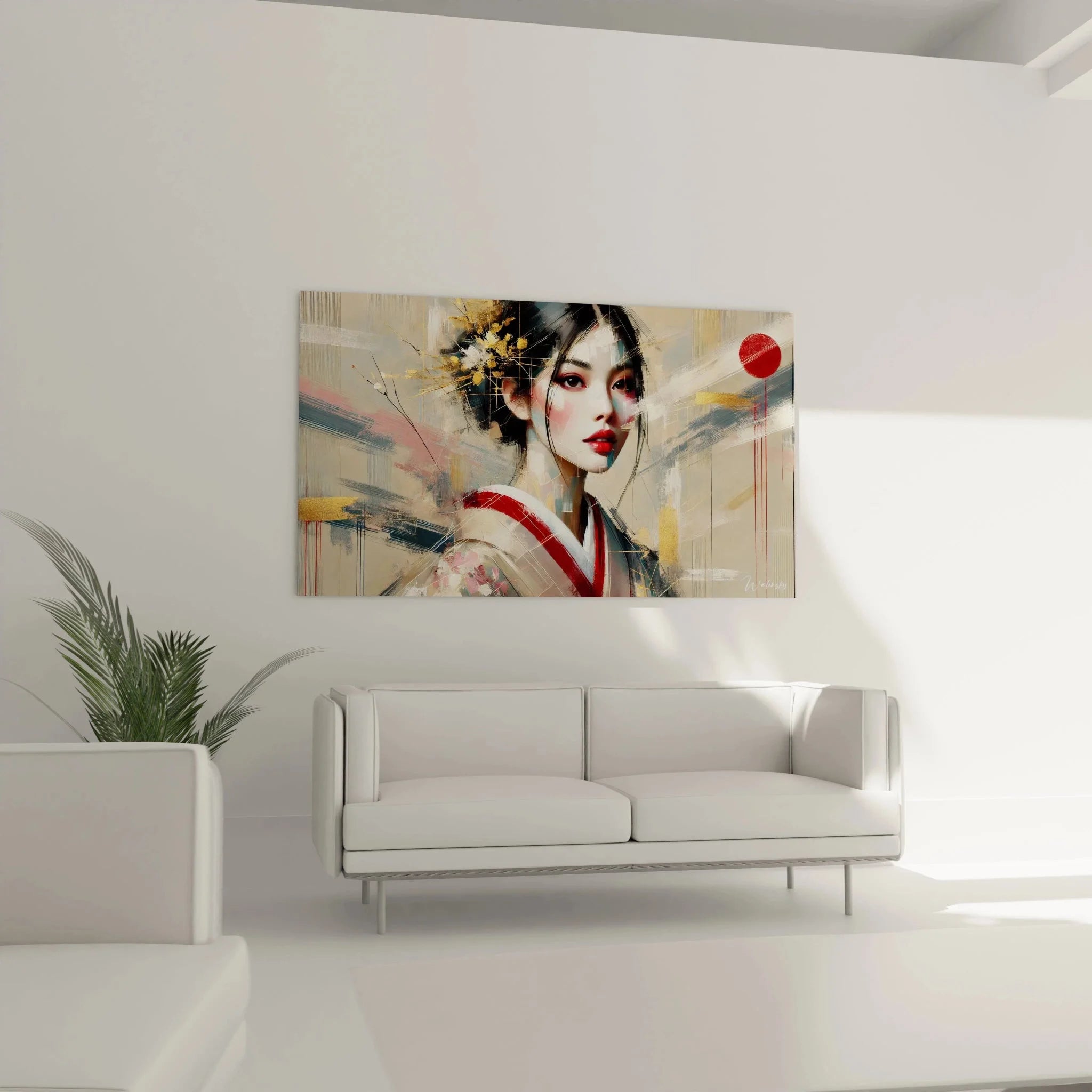 Detailansicht Wandbild Geisha mit expressiven Pinselstrichen und traditionellem Kimono
