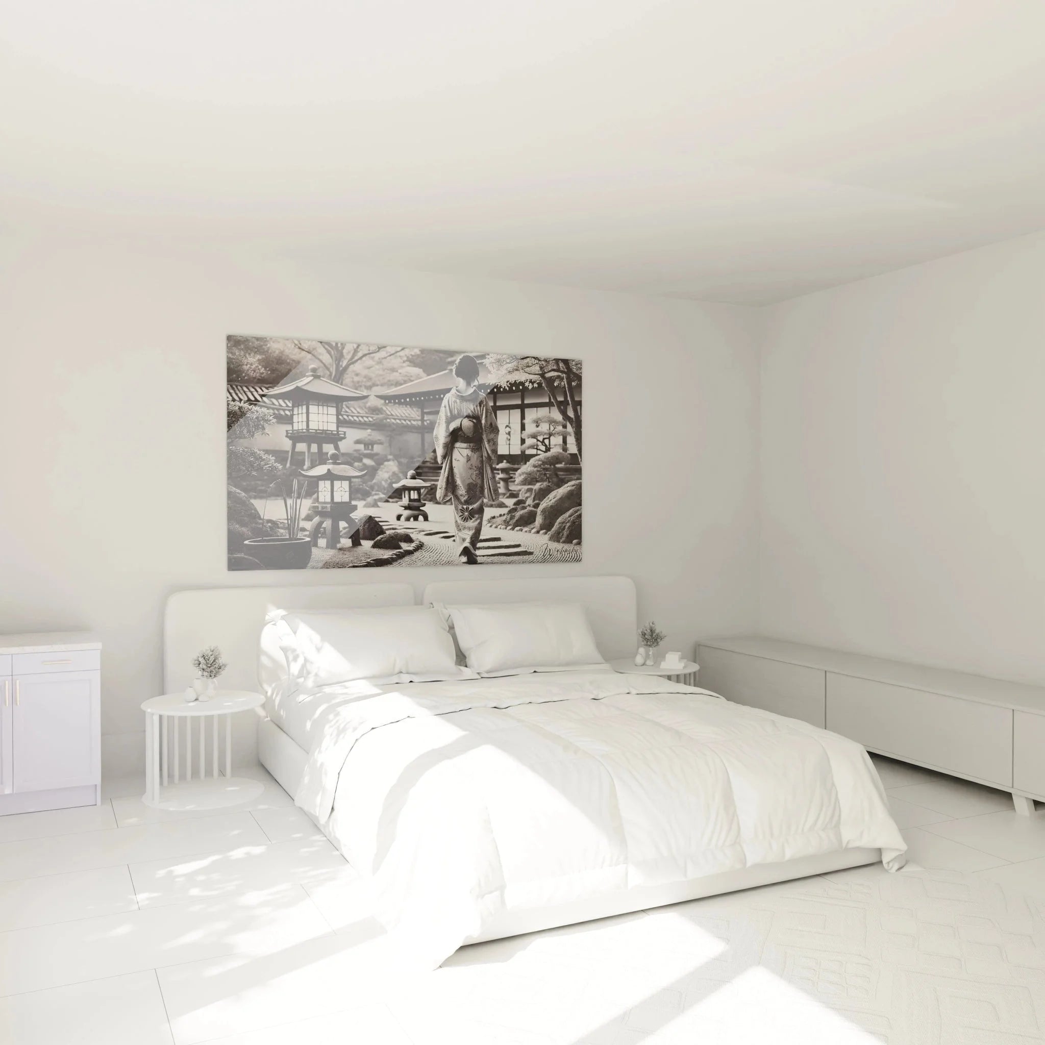 Wandbild Geisha Japangarten im Schlafzimmer - schwarz-weiß Kunstdruck als stilvolle Wanddekoration