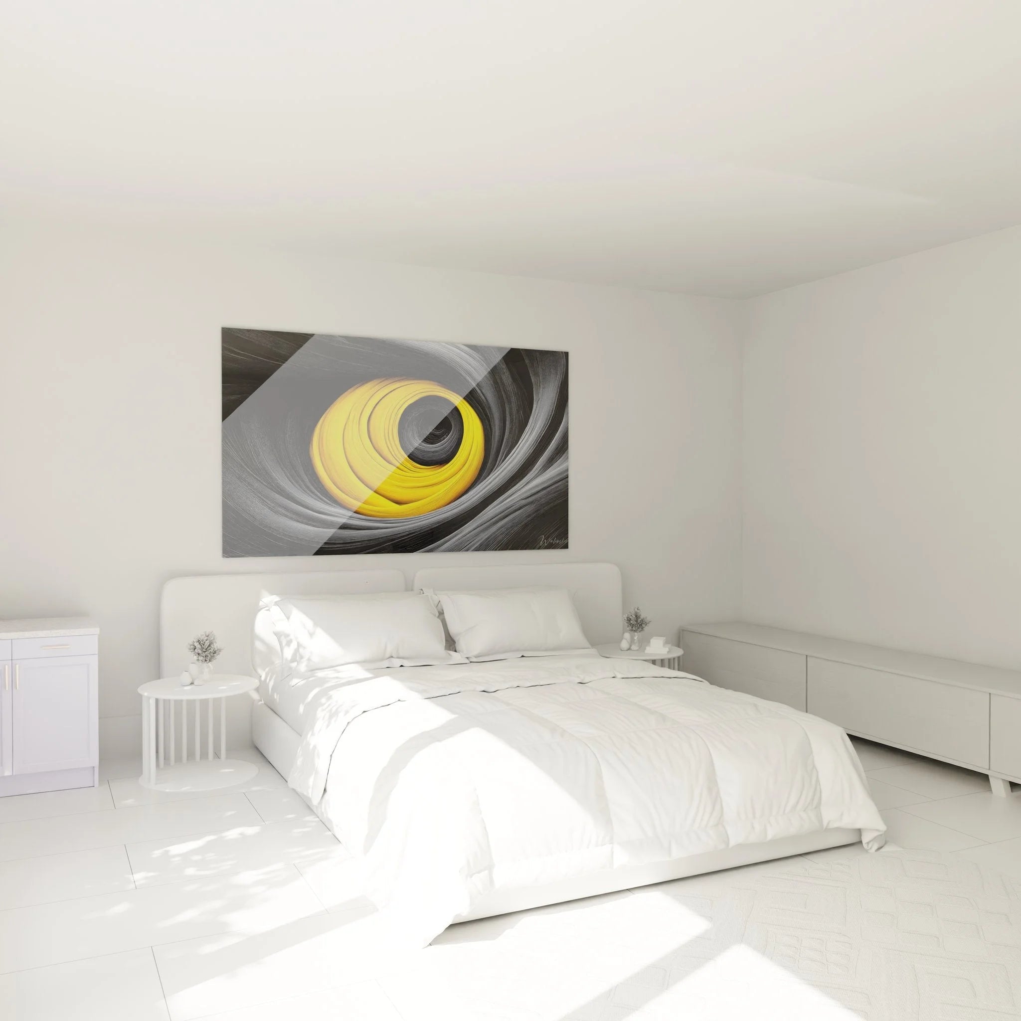 Wandbild gelbe Spirale als moderne Wanddekoration im Schlafzimmer