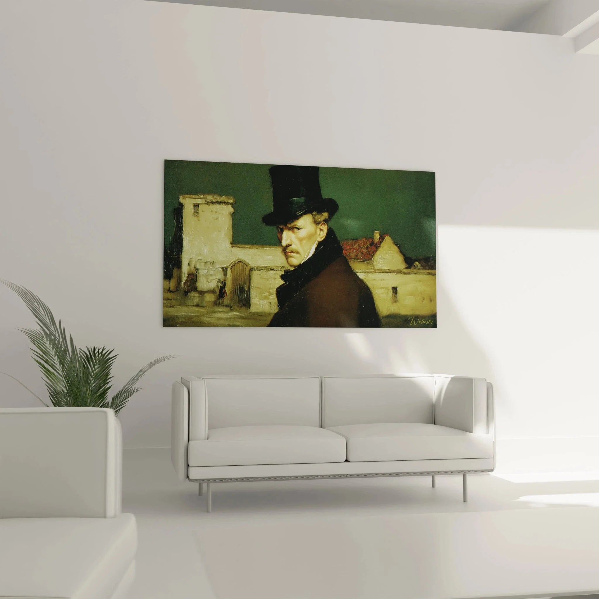 Detailaufnahme Wandbild Herrenporträt Realismus, Gentleman mit schwarzem Zylinder und durchdringendem Blick