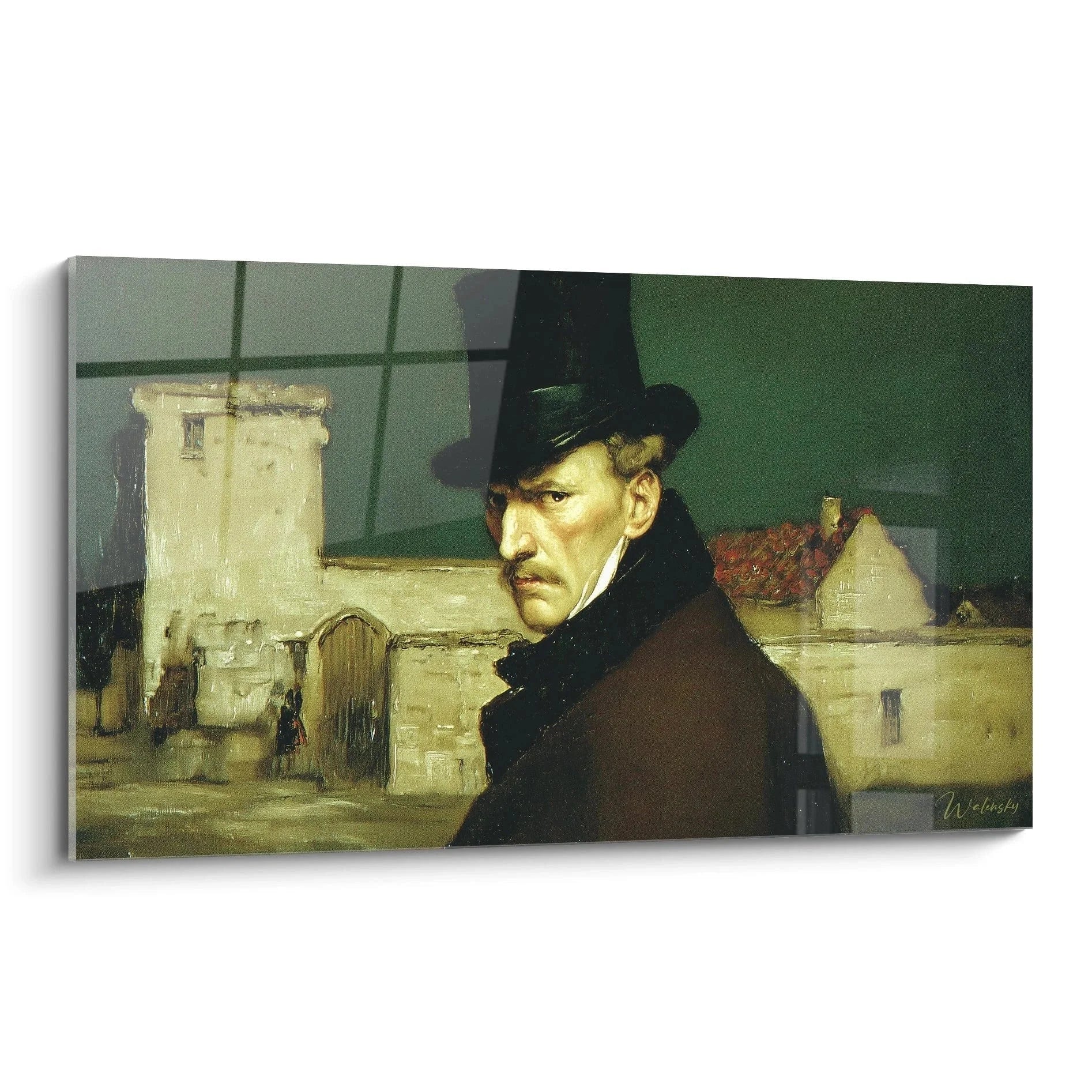 Wandbild Gentleman mit Zylinder im Realismus-Stil, mysteriöser Herr mit Schnurrbart vor winterlicher Stadtszene