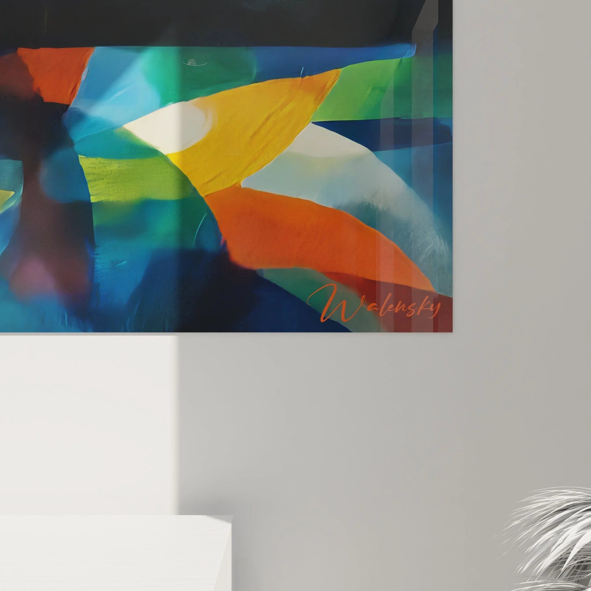 Gesamtansicht Wandbild abstrakte Geometrie mit dynamischer Farbkomposition für moderne Einrichtung