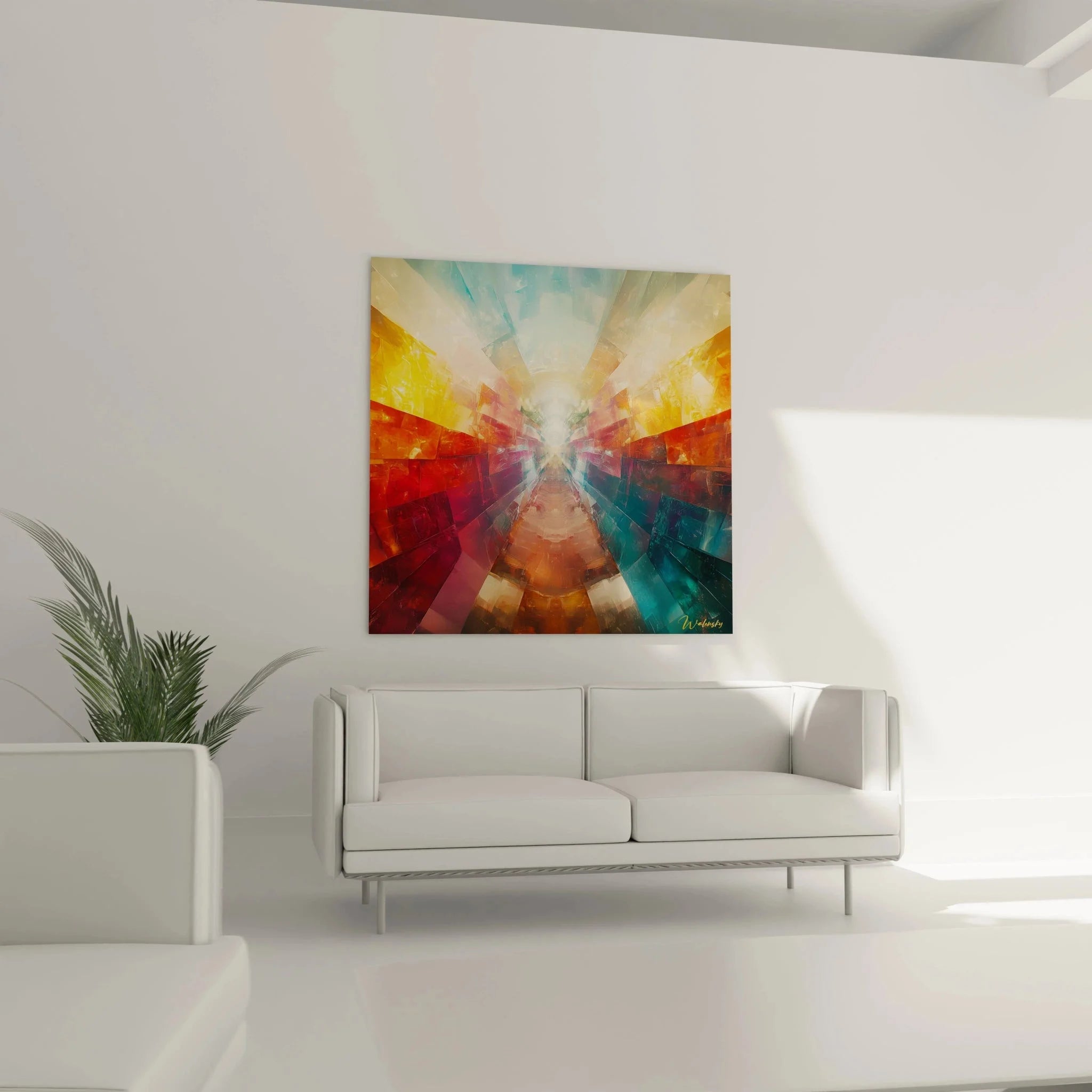 Detailansicht geometrisches Wandbild mit abstrakten Farbflächen und Perspektive Effekt