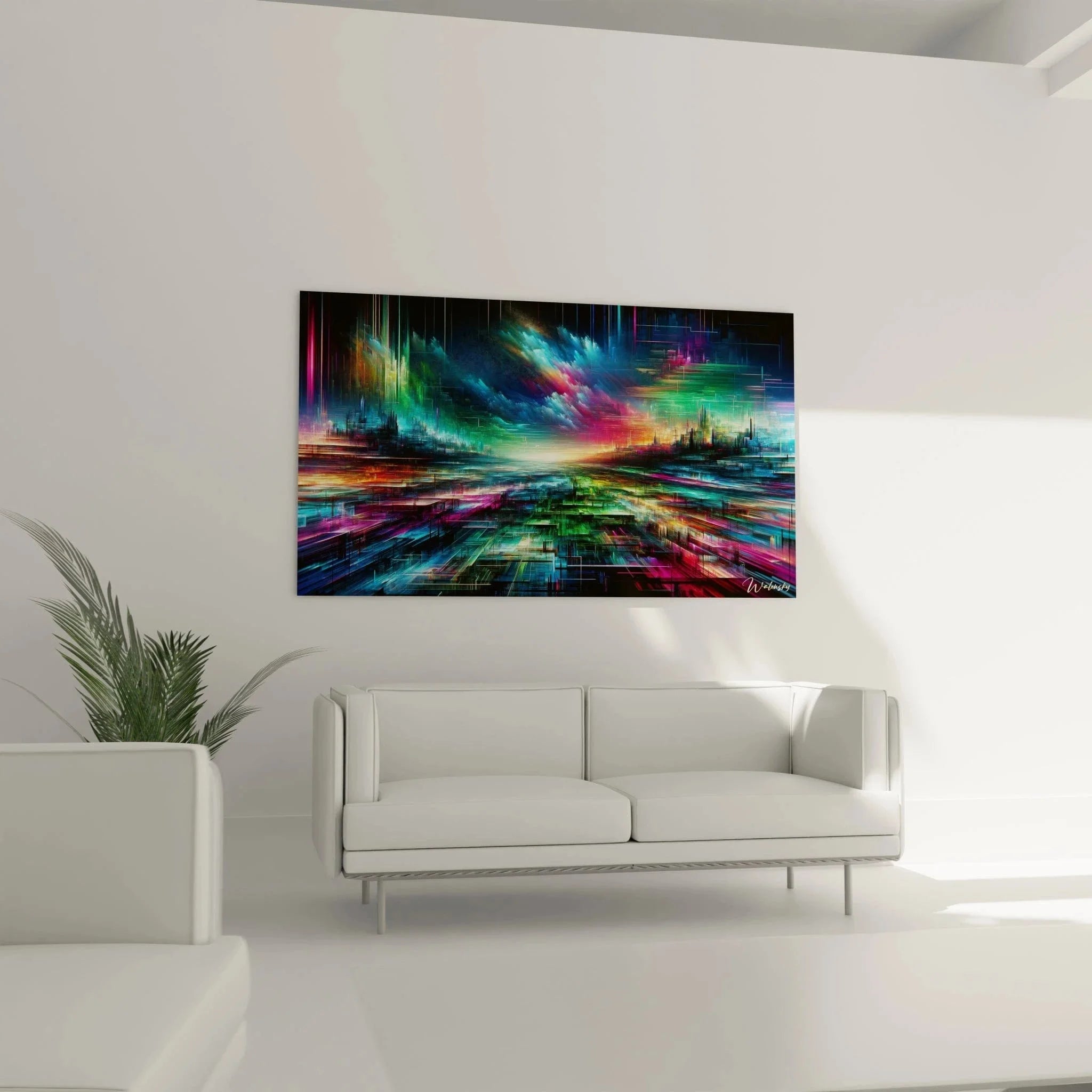 Detailansicht geometrische Strukturen und Neonfarben des digitalen Traumlandschaft Wandbildes