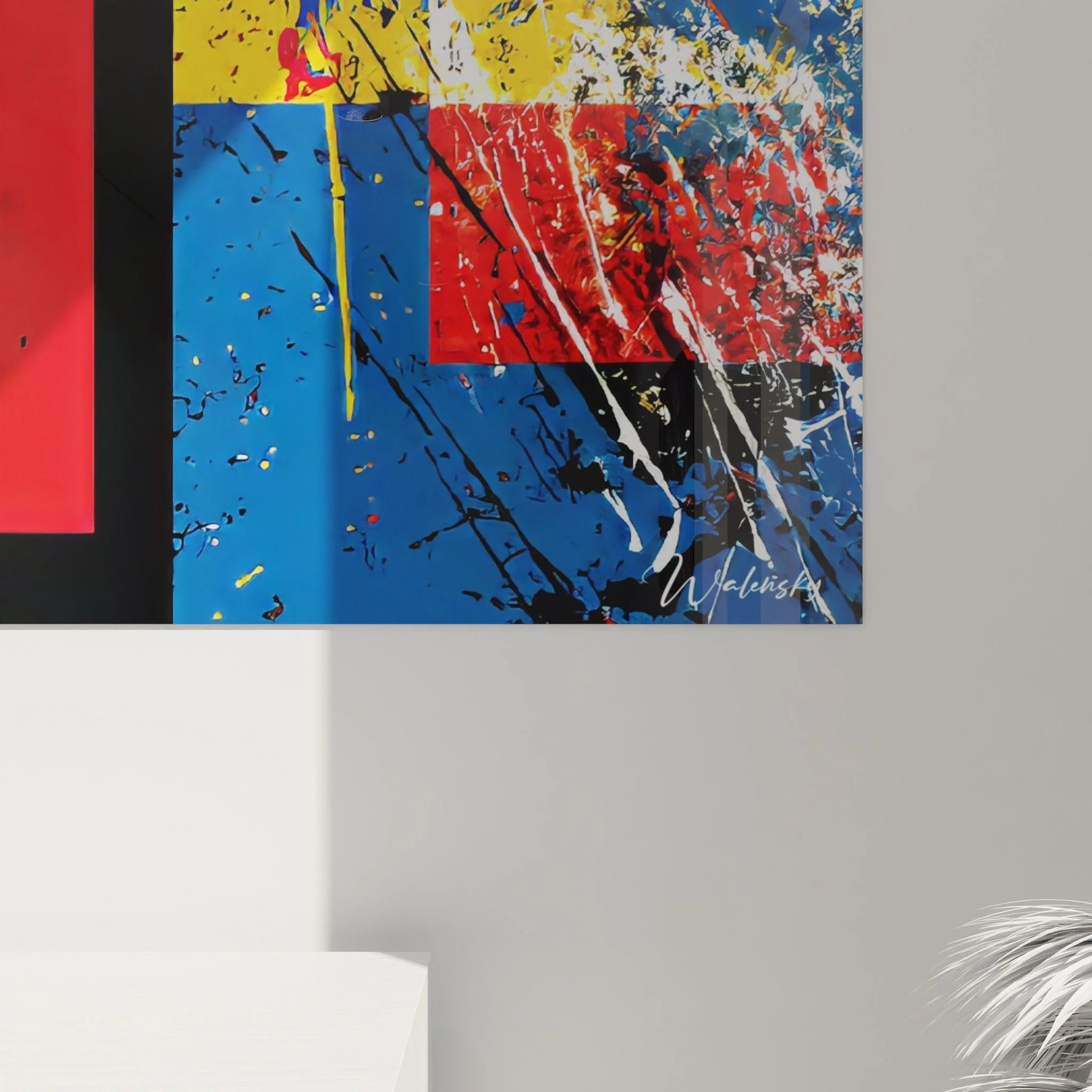 Gesamtansicht modernes Wandbild geometrisch abstrakt mit Mondrian-Stil und expressiven Elementen