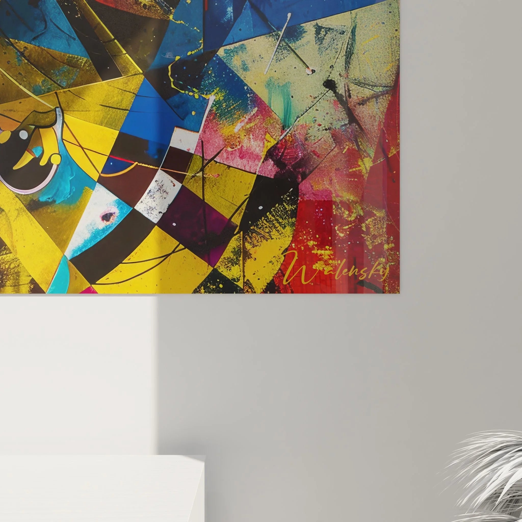 Gesamtansicht Wandbild geometrisch modern, abstrakte Komposition mit dynamischen Farbverläufen und Formen