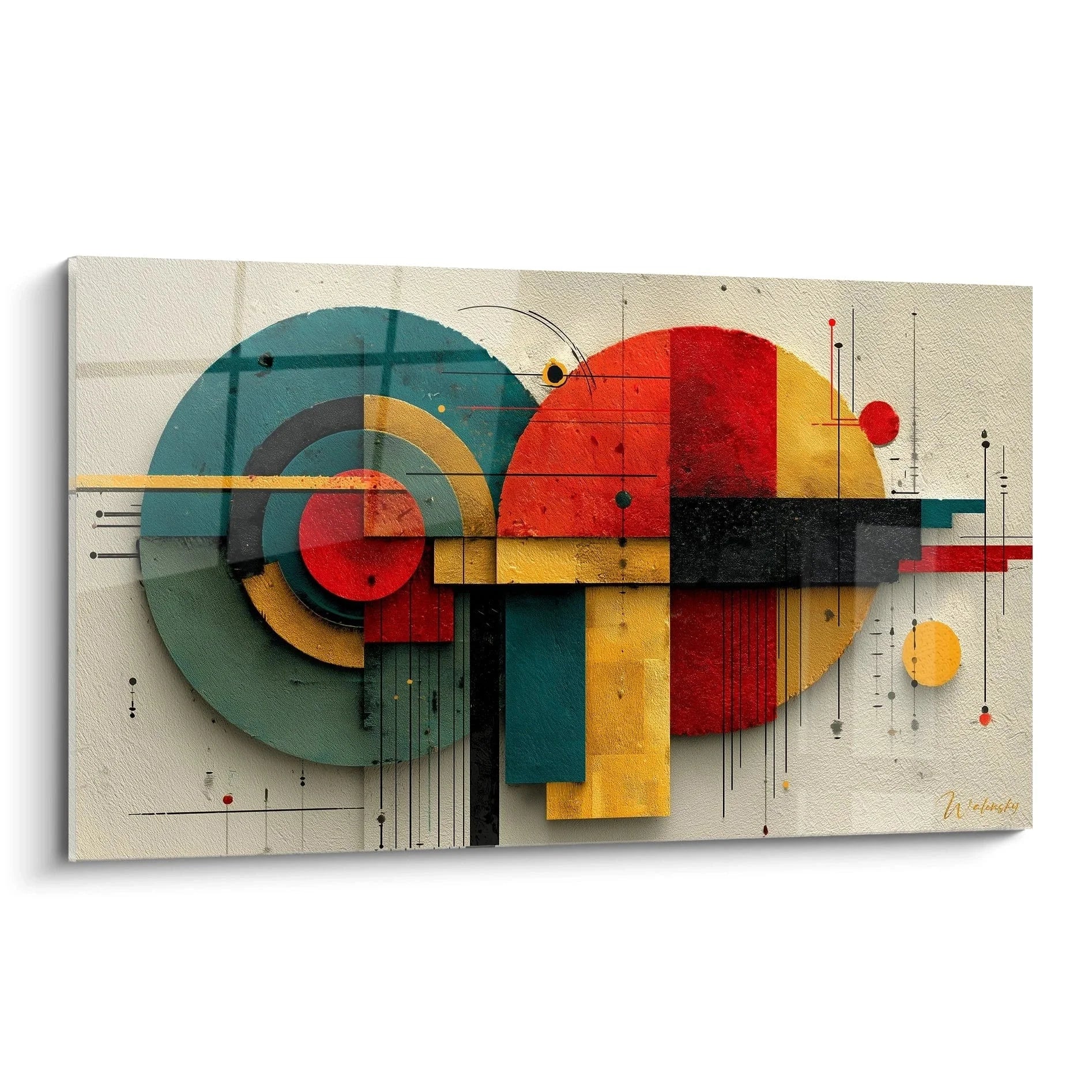 Wandbild geometrische Abstraktion Bauhaus mit kreisförmigen und rechteckigen Elementen in Türkis, Rot und Gelb