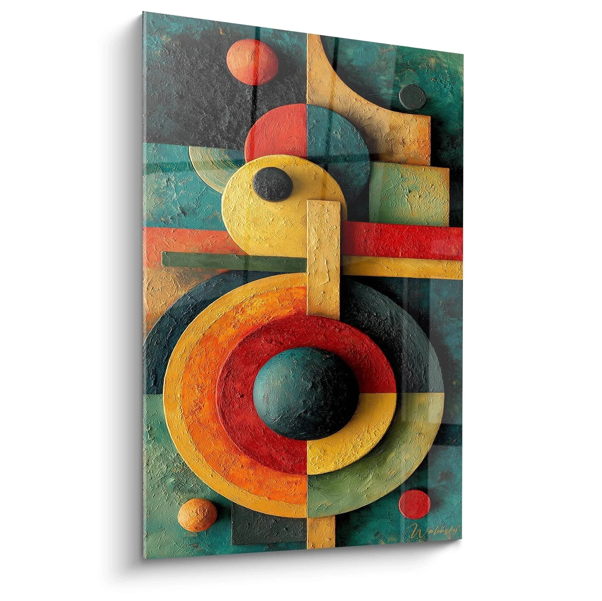 Wandbild geometrische Abstraktion mit Kreisen und Rechtecken im Bauhaus-Stil, bunte moderne Wandkunst