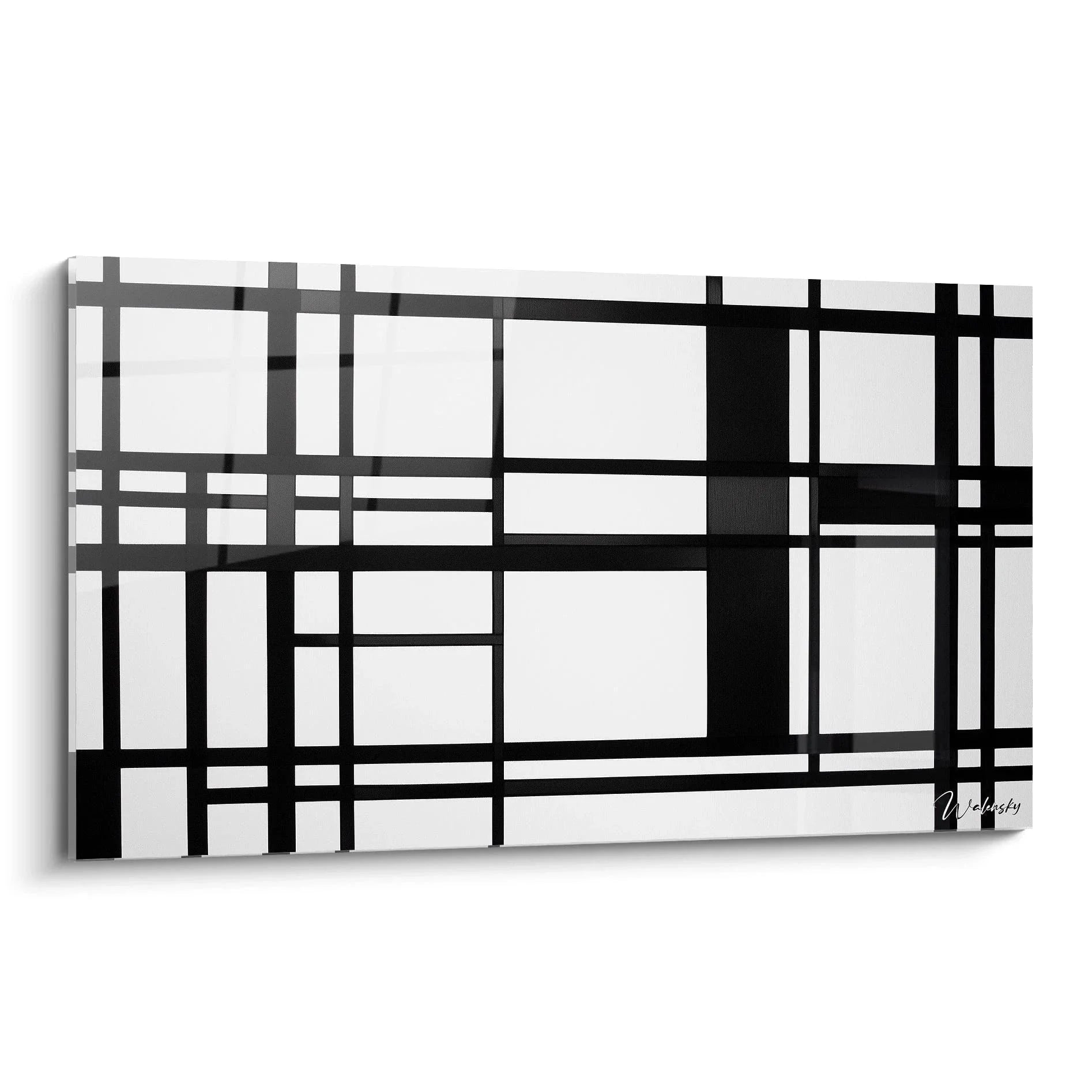 Wandbild geometrische Abstraktion schwarze Linien auf weiß im Mondrian Stil für moderne Wanddekoration