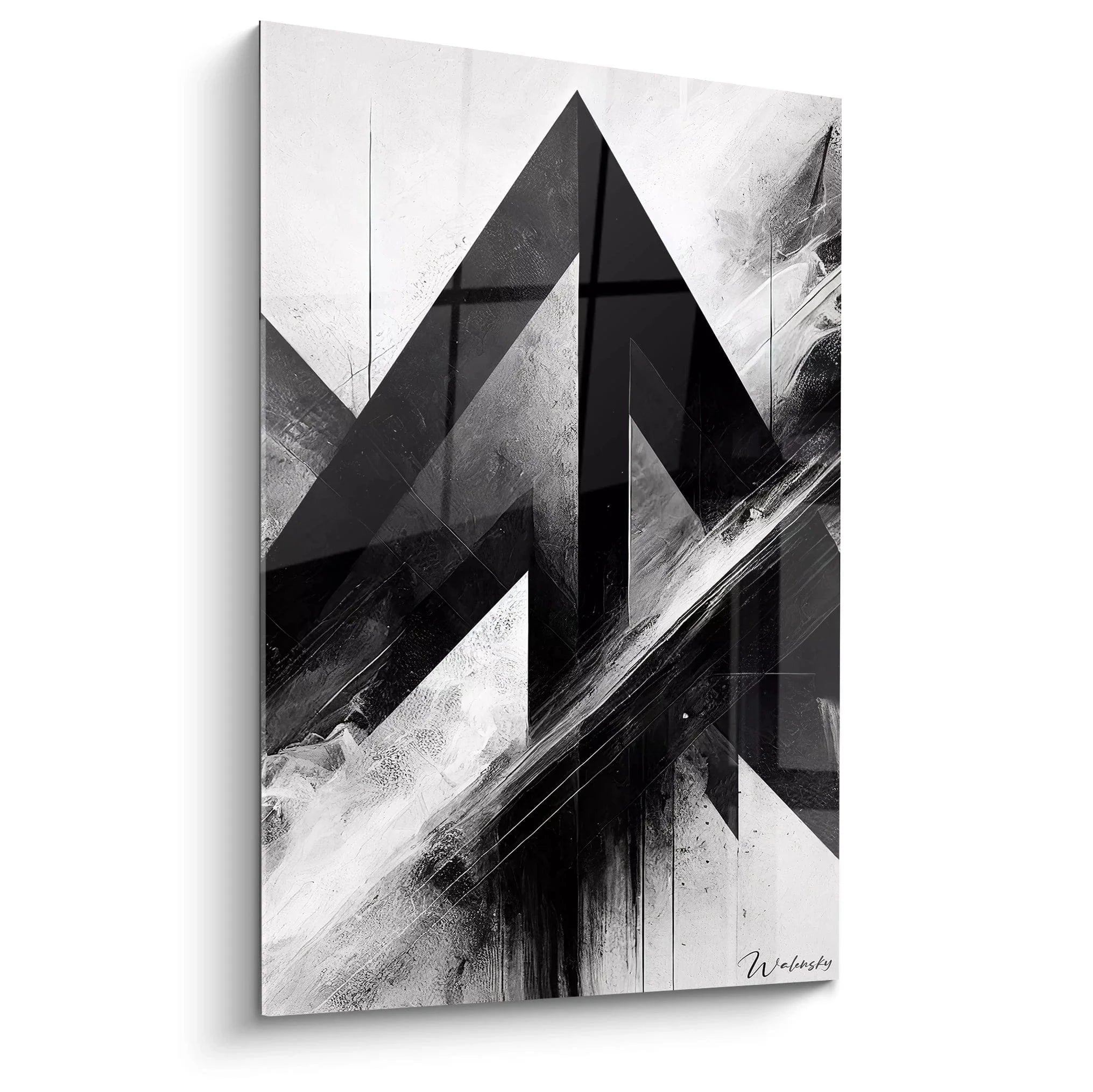 Modernes Wandbild mit geometrischer Abstraktion in Schwarz-Weiß, dominante Dreieckskomposition