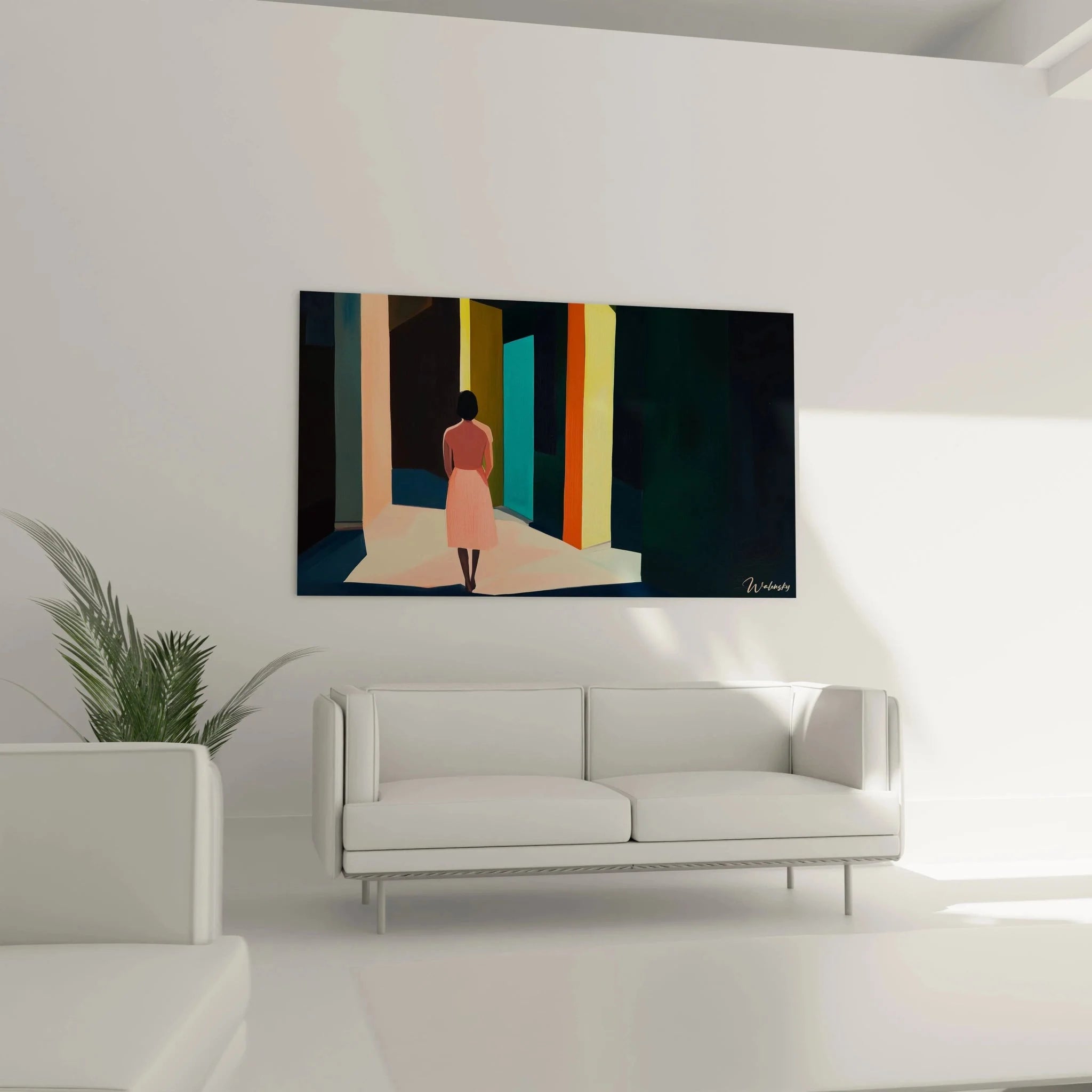 Nahaufnahme Wandbild geometrische Formen farbige Säulen Edward Hopper Stil moderne Kunstdruck Details