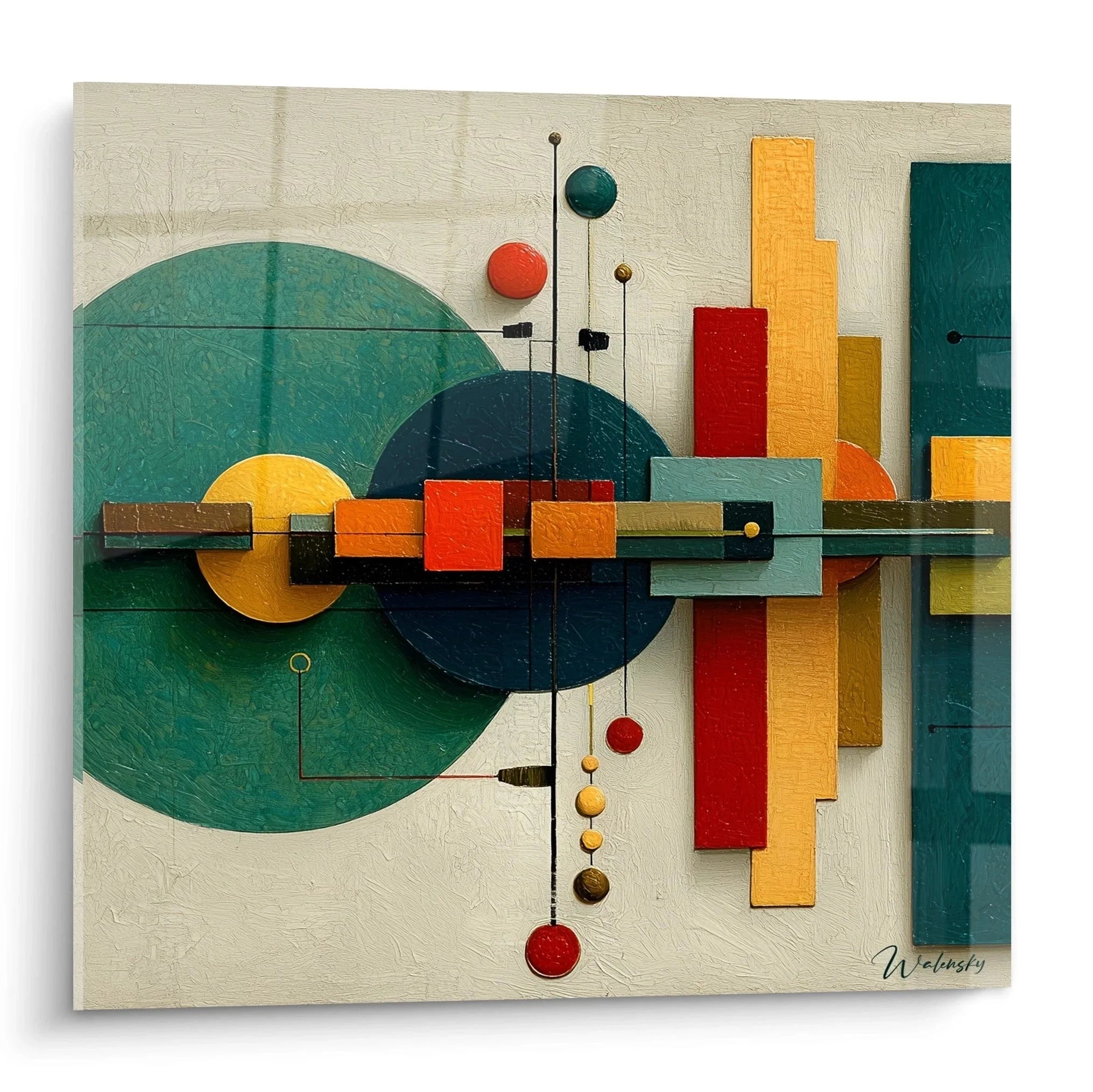Geometrisches Wandbild im Bauhaus-Stil mit Kreisen und Rechtecken in Türkis, Orange und Rot
