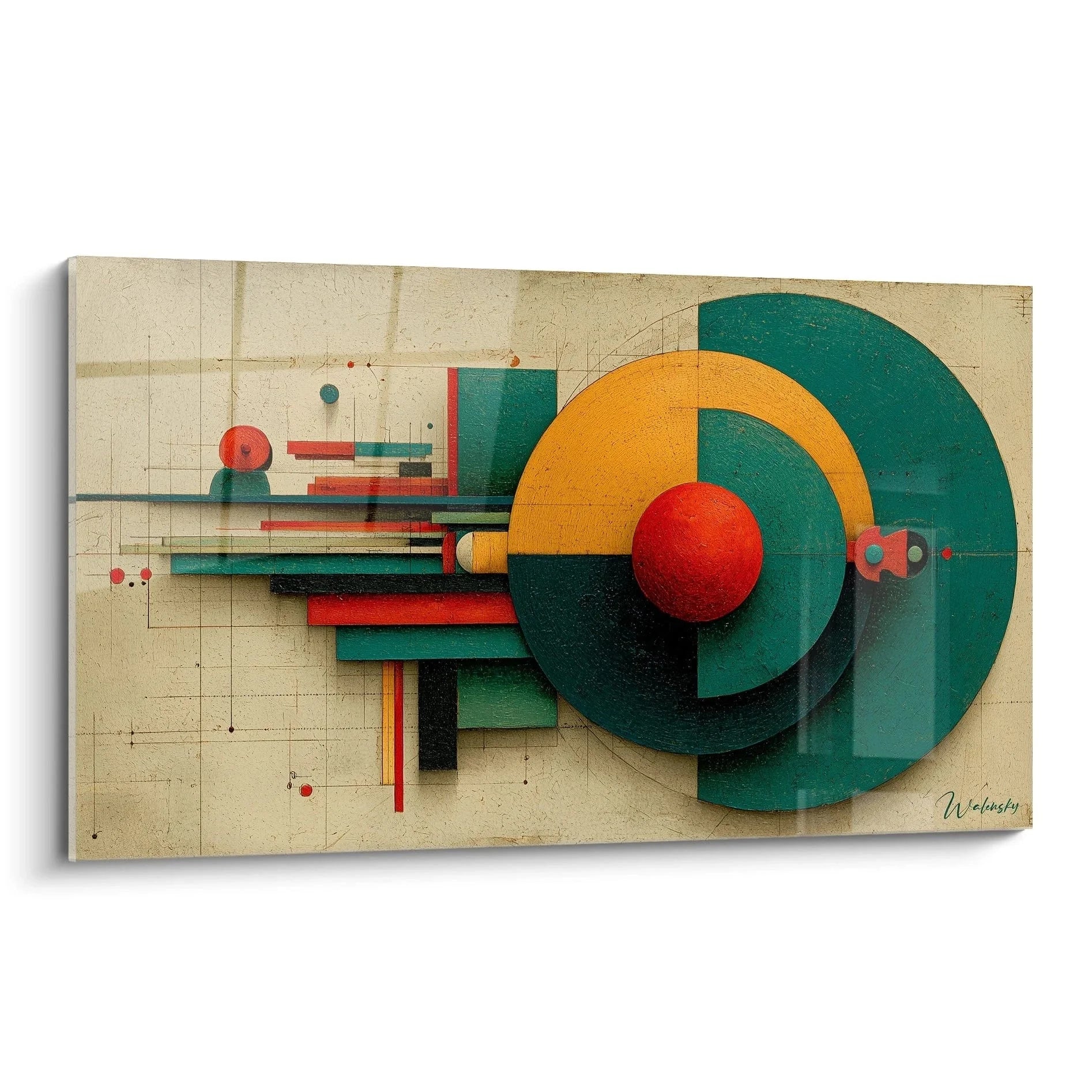 Wandbild geometrische Komposition Bauhaus mit türkisen Kreisen und orangenen Elementen auf beigem Hintergrund
