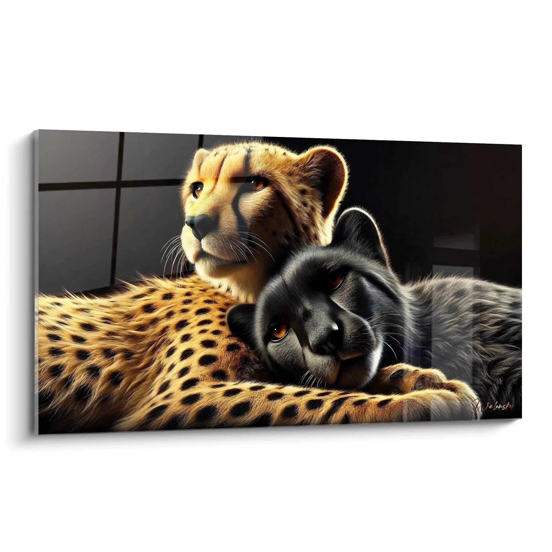 Wandbild Gepard Familie zeigt zwei zärtlich verbundene Raubkatzen mit detailreichem Fell - Edition Gepard