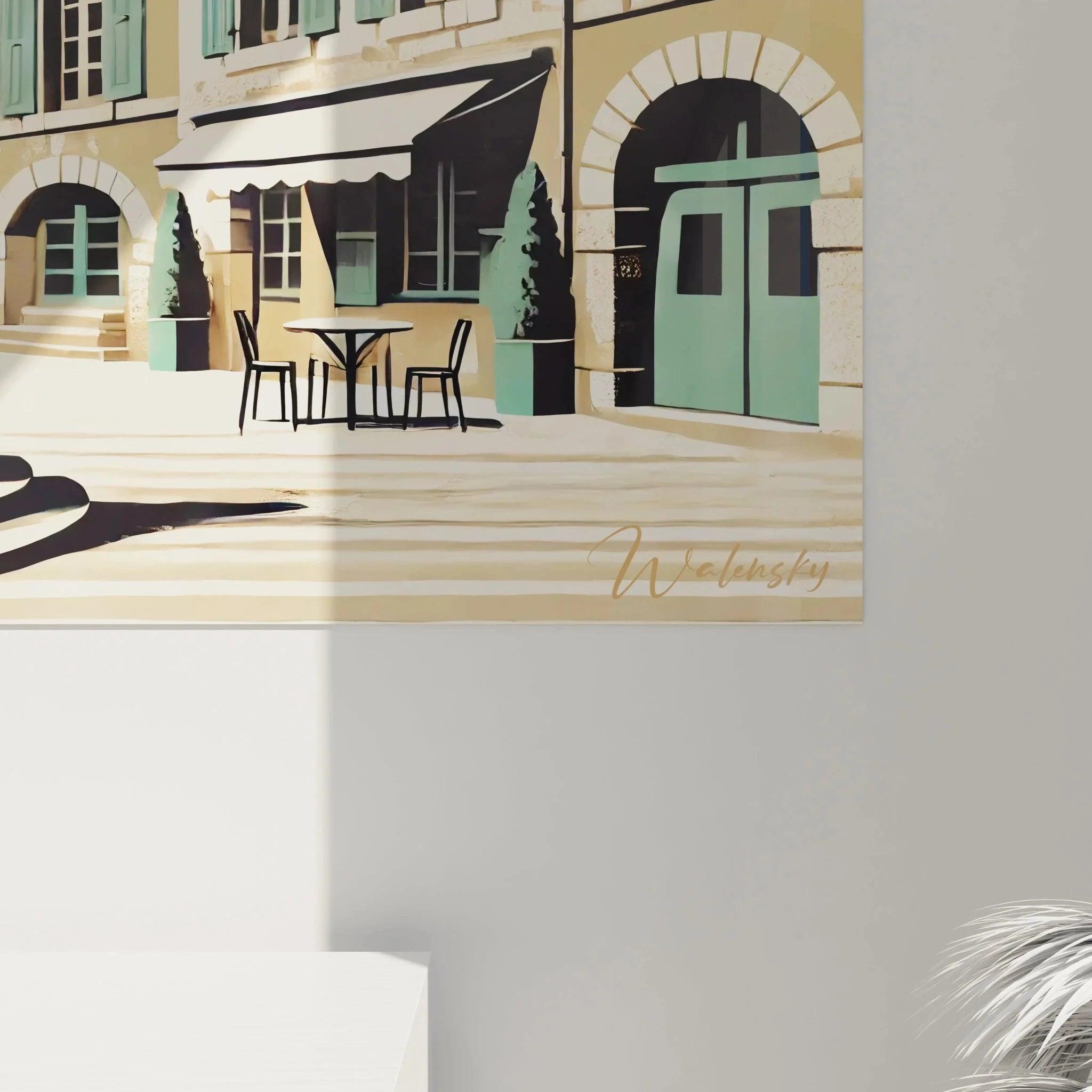 Gesamtansicht Wandbild Provence Dorfplatz mit südfranzösischer Architektur und Baum