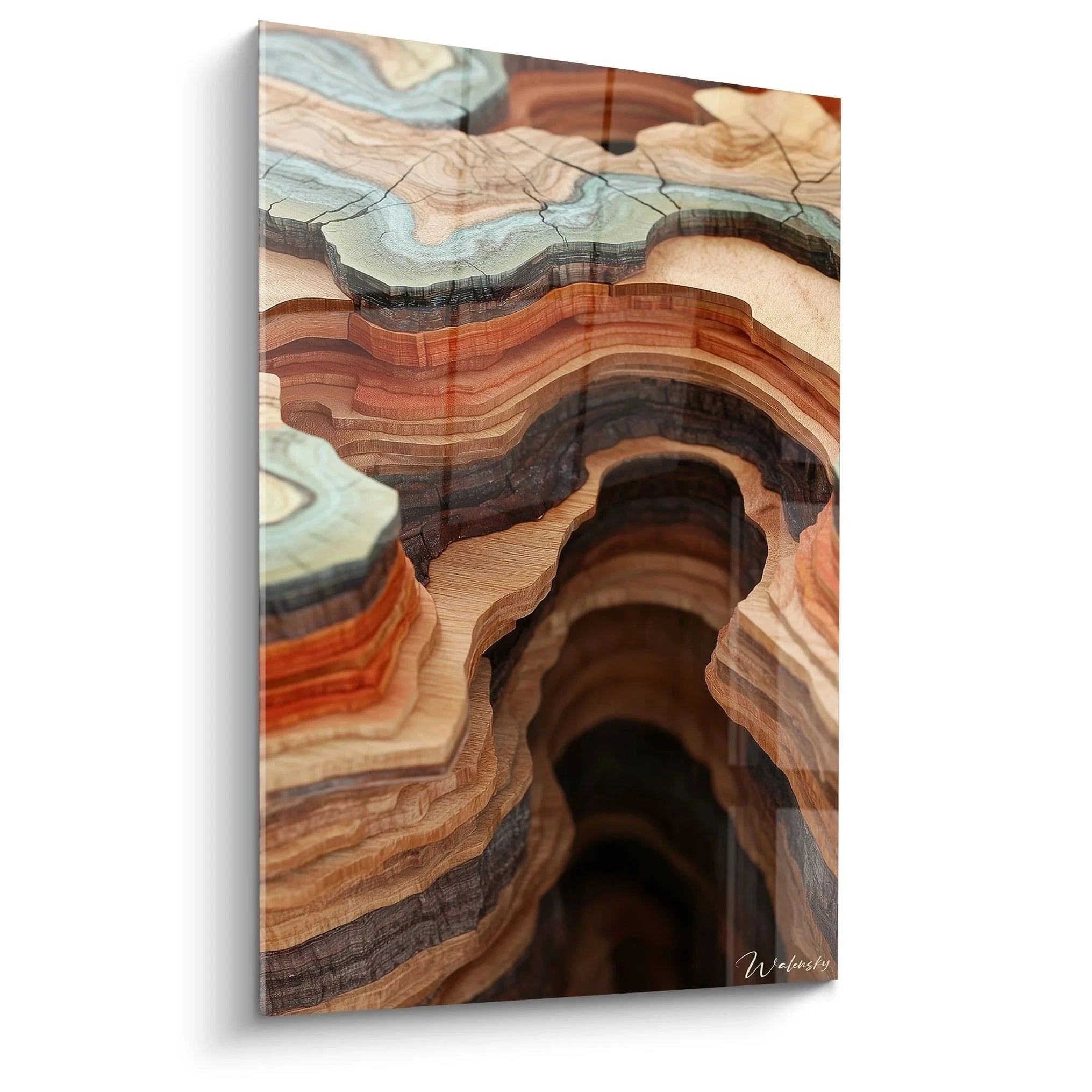 Expressionistisches Wandbild mit geschichteten Gesteinsformationen in warmen Erdtönen und türkisen Akzenten